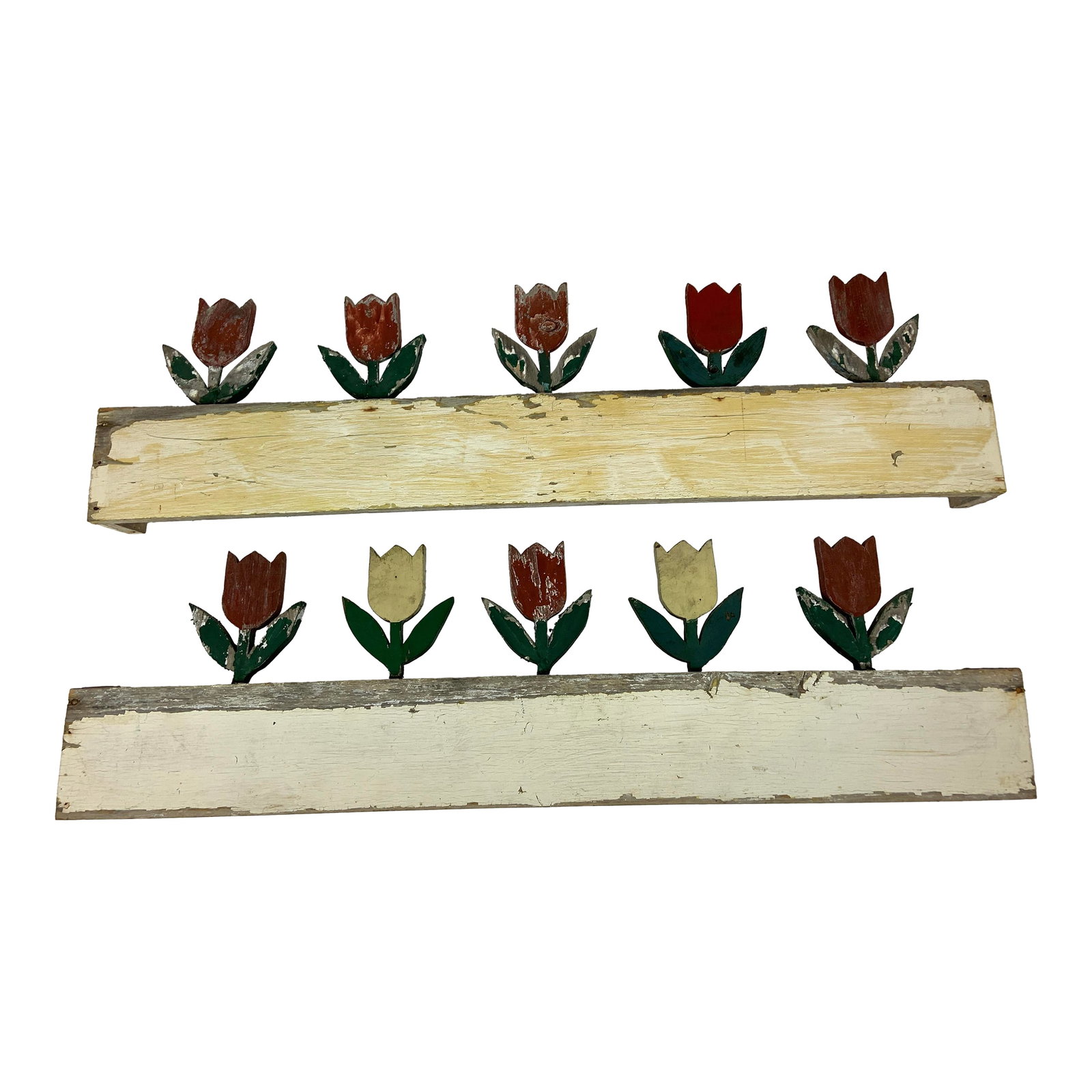 Pair Vintage Folk Art Wood Wall Art Painted Window Valances With Tulips: Great pair of vintage wood painted indoor window valences with 5 tulips sprouting from each wood base. These will hang by 2 simple screws over your potting room windows or as great vintage wall