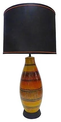 Mid-Century Ceramic Table Lamp With Custom Shade: Fantastic mid-century modern ceramic table lamp in shades of orange, gold, and brown. It's textured and has a great mid-century shape. Restored and re-wired, this lamp would be great in a mid-century