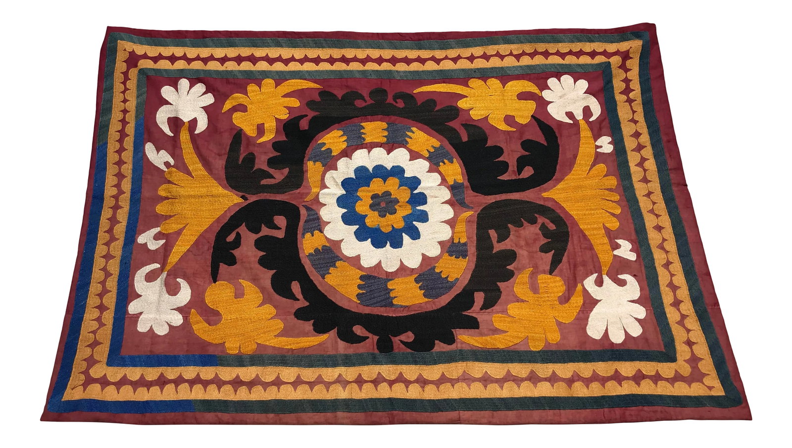 Silk Embroidery Vintage Tapestry: Original VINTAGE Tablecloth; older than 70 years. * Size is 2.6 feet x 3.7 feet ( 80 cm x 115 cm ) * Multi color * Pomegranate design * Silk and Cotton Vintage Suzani Tapestry. Looks beautiful in any