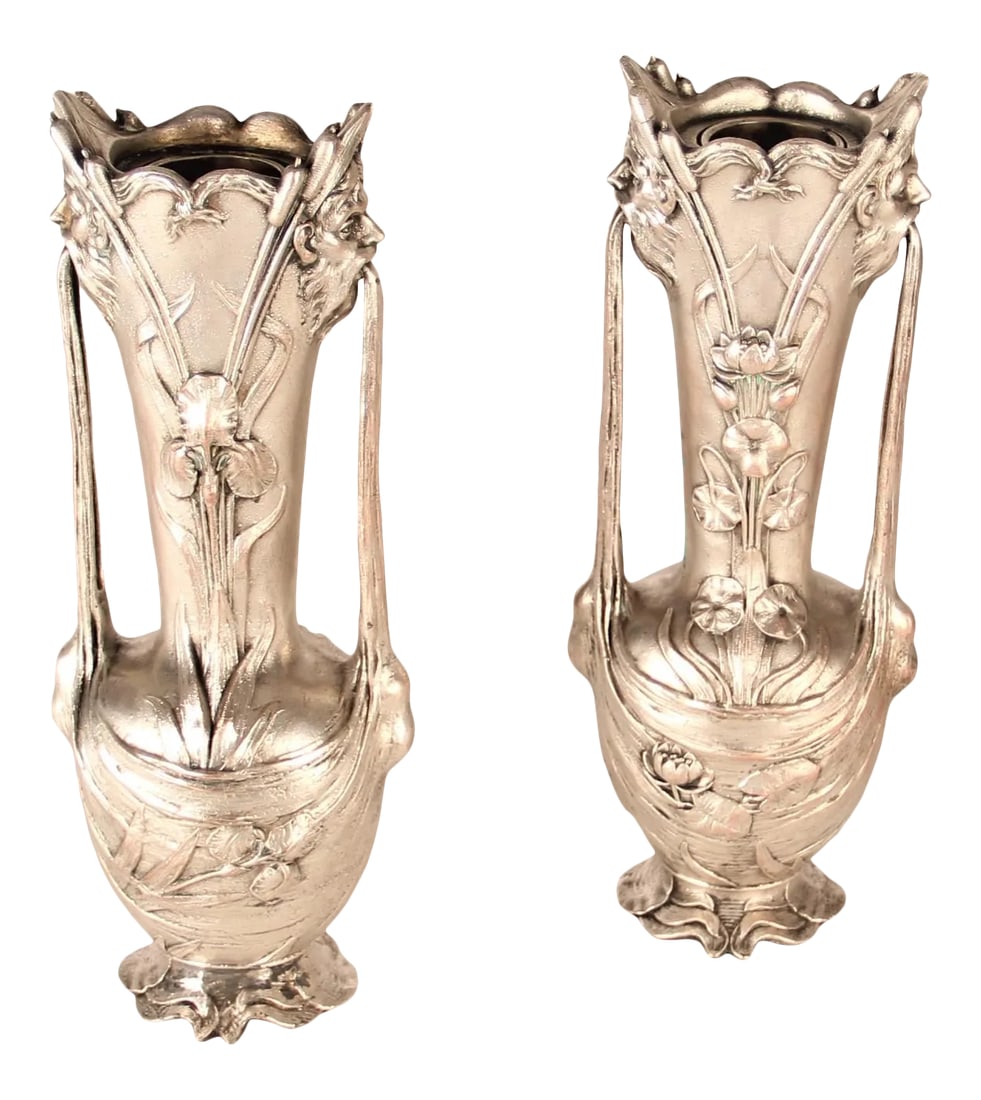 19th Century Art Nouveau Silver Metal Vases Signed Galien - a Pair (1 of 10)