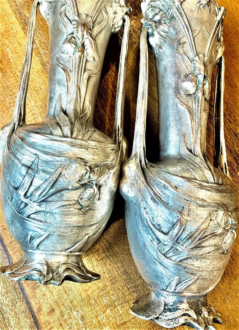 19th Century Art Nouveau Silver Metal Vases Signed Galien - a Pair - 5