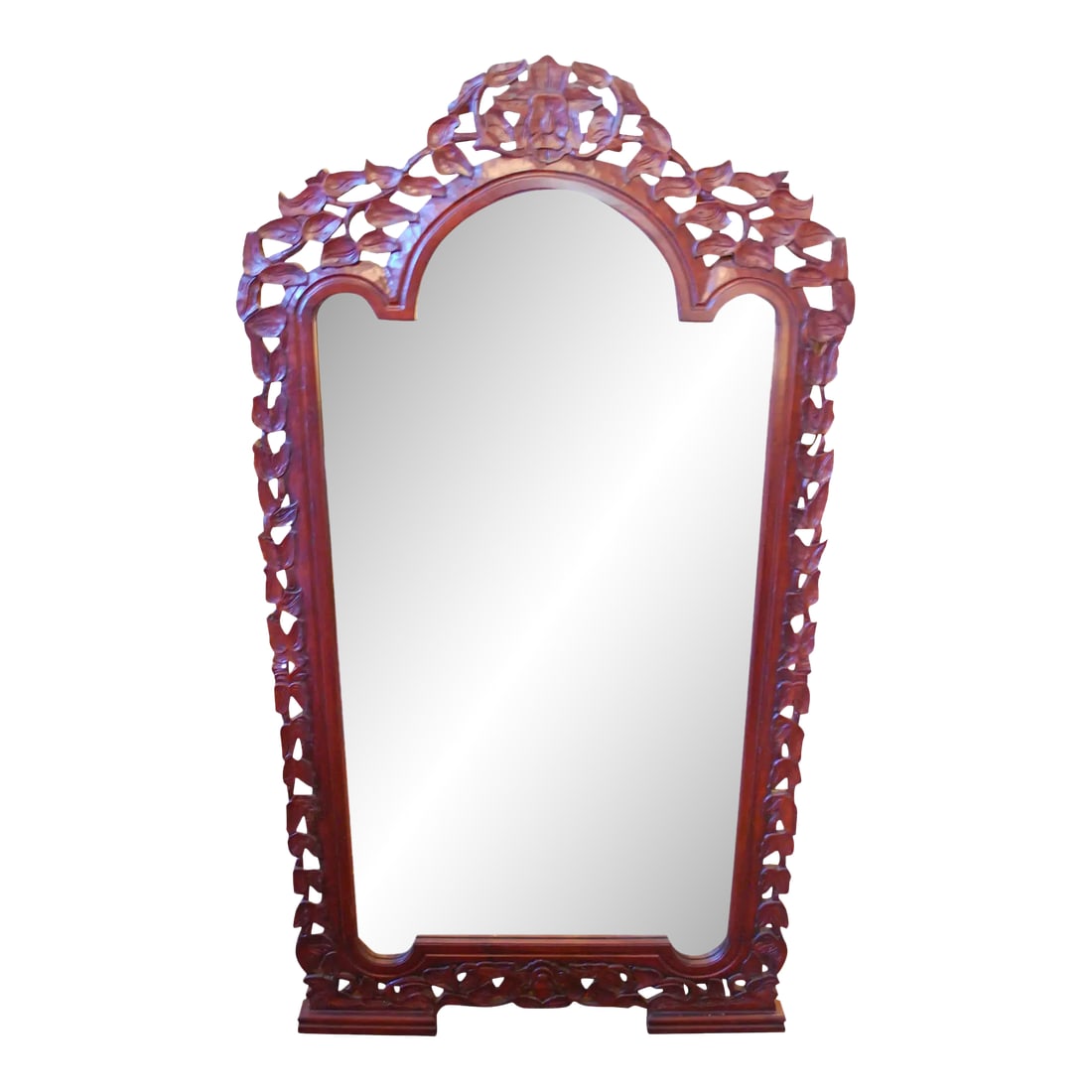 Antique Early 1900s Carved Wood Floor Mirror: Delicately designed mahogany wood mirror. Beautiful floral carvings featuring leaves, vines and flowers. Estimated to be made in the early 1900's, great condition, well taken care of. Measurements