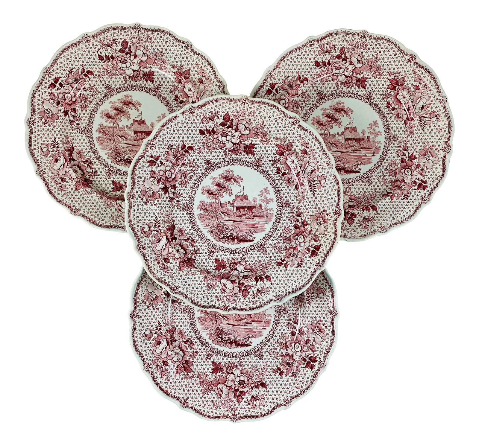 English Ralph Stevenson 'Windsor Castle' Red Transferware Dinner Plates, Set/4: A romantic set of four British Romantic themed transfer printed dinner plates in the pattern known as 'Windsor Castle.' Made by Ralph Stevenson & Son, Cobridge, Staffordshire, England. Circa