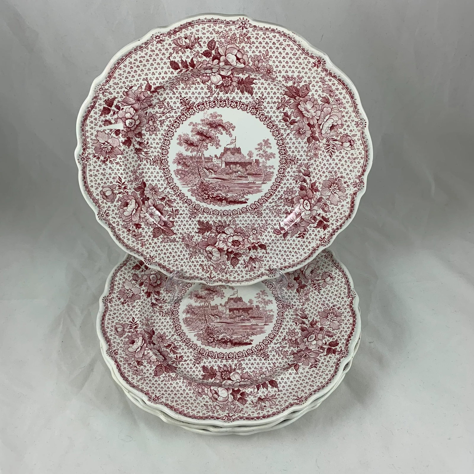 English Ralph Stevenson 'Windsor Castle' Red Transferware Dinner Plates, Set/4 - 6