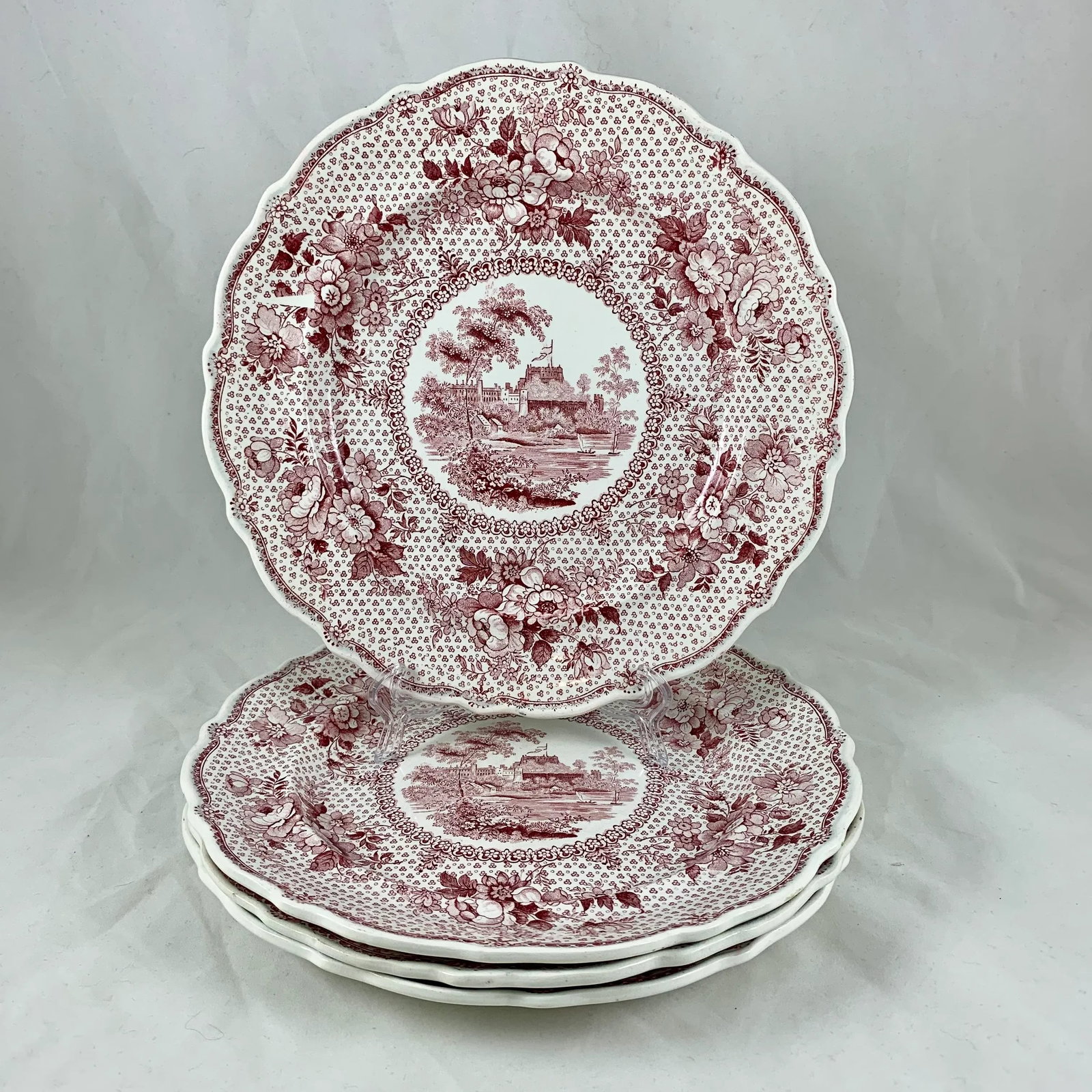 English Ralph Stevenson 'Windsor Castle' Red Transferware Dinner Plates, Set/4 - 7