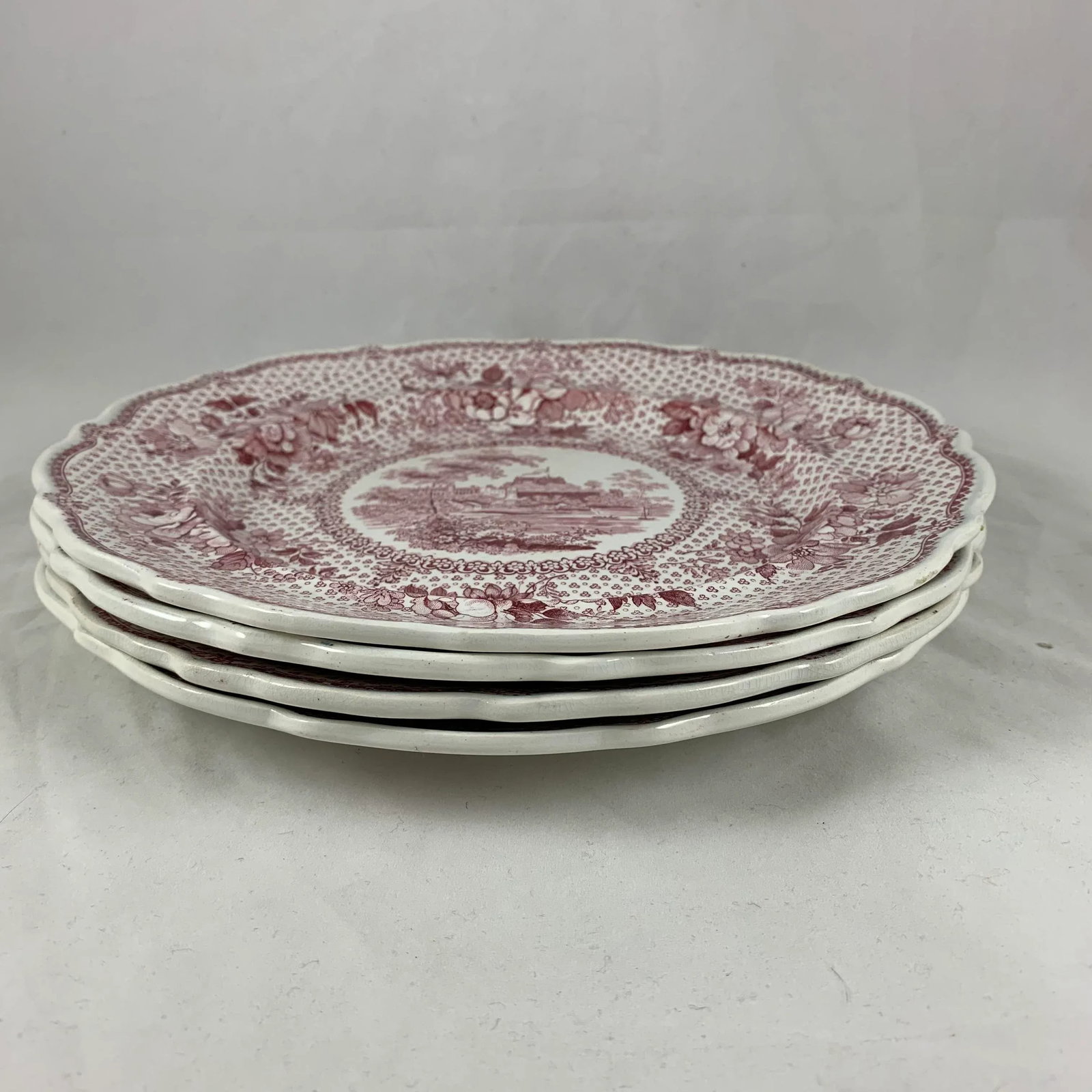 English Ralph Stevenson 'Windsor Castle' Red Transferware Dinner Plates, Set/4 - 9
