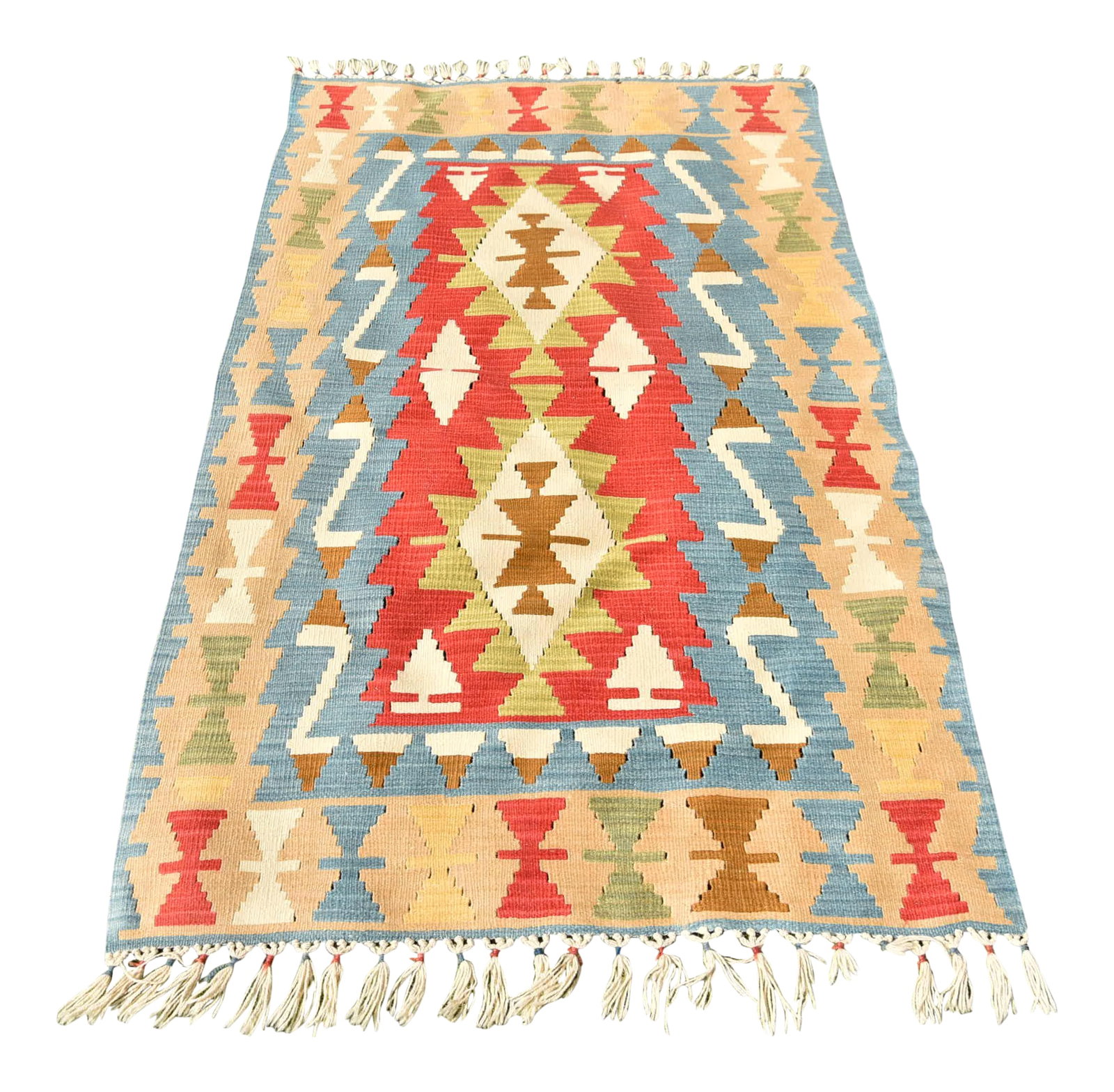 1980s Southwestern Style Hand Knotted Oushak Ethnic Motif Turkish Kilim Rug 3.6 X 5.6 Ft: Size: 3.6 x 5.6 ft (109 x 171 cm) 43 x 67 inches Color: Red, Blue, Orange, Yellow, White, Beige, Green Material: 100% Wool Fast Shipping: Delivery in 3-5 Business Days. All rugs are handwoven by