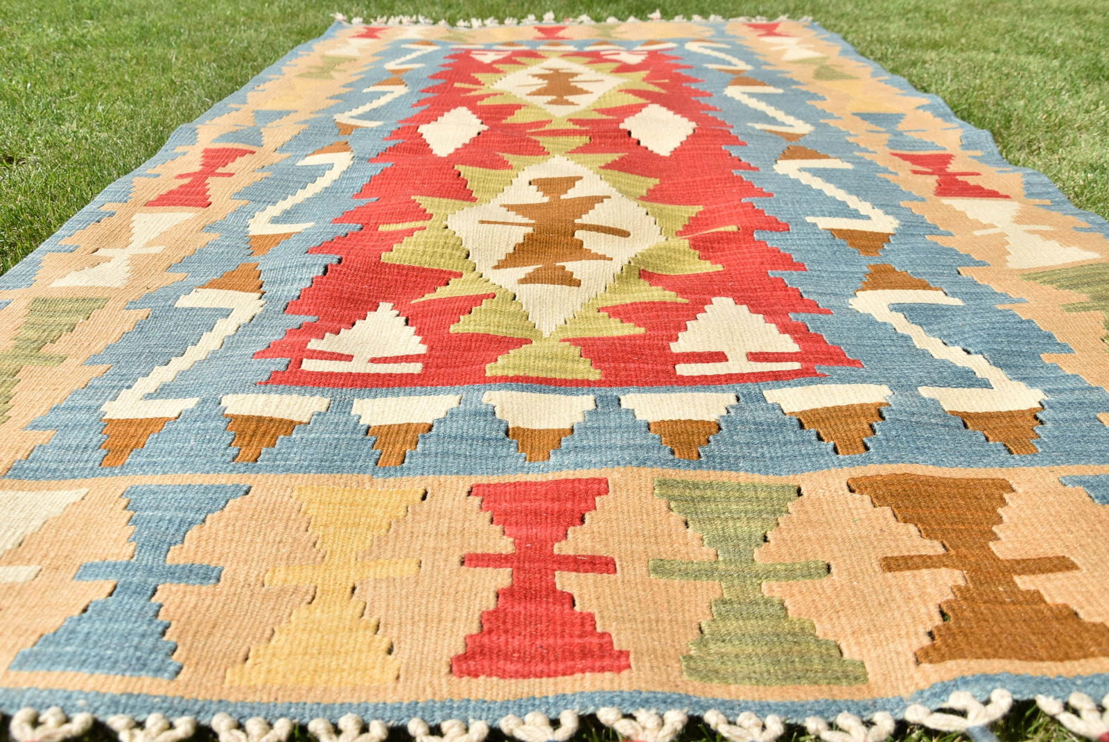 1980s Southwestern Style Hand Knotted Oushak Ethnic Motif Turkish Kilim Rug 3.6 X 5.6 Ft - 2