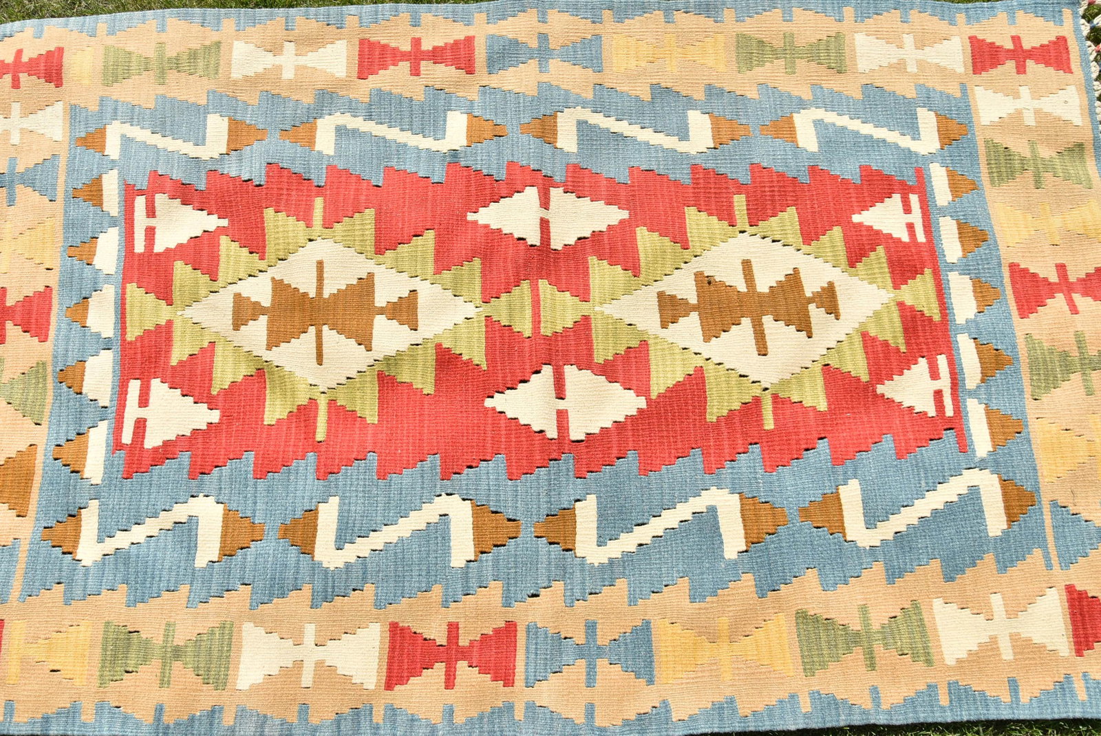 1980s Southwestern Style Hand Knotted Oushak Ethnic Motif Turkish Kilim Rug 3.6 X 5.6 Ft - 6