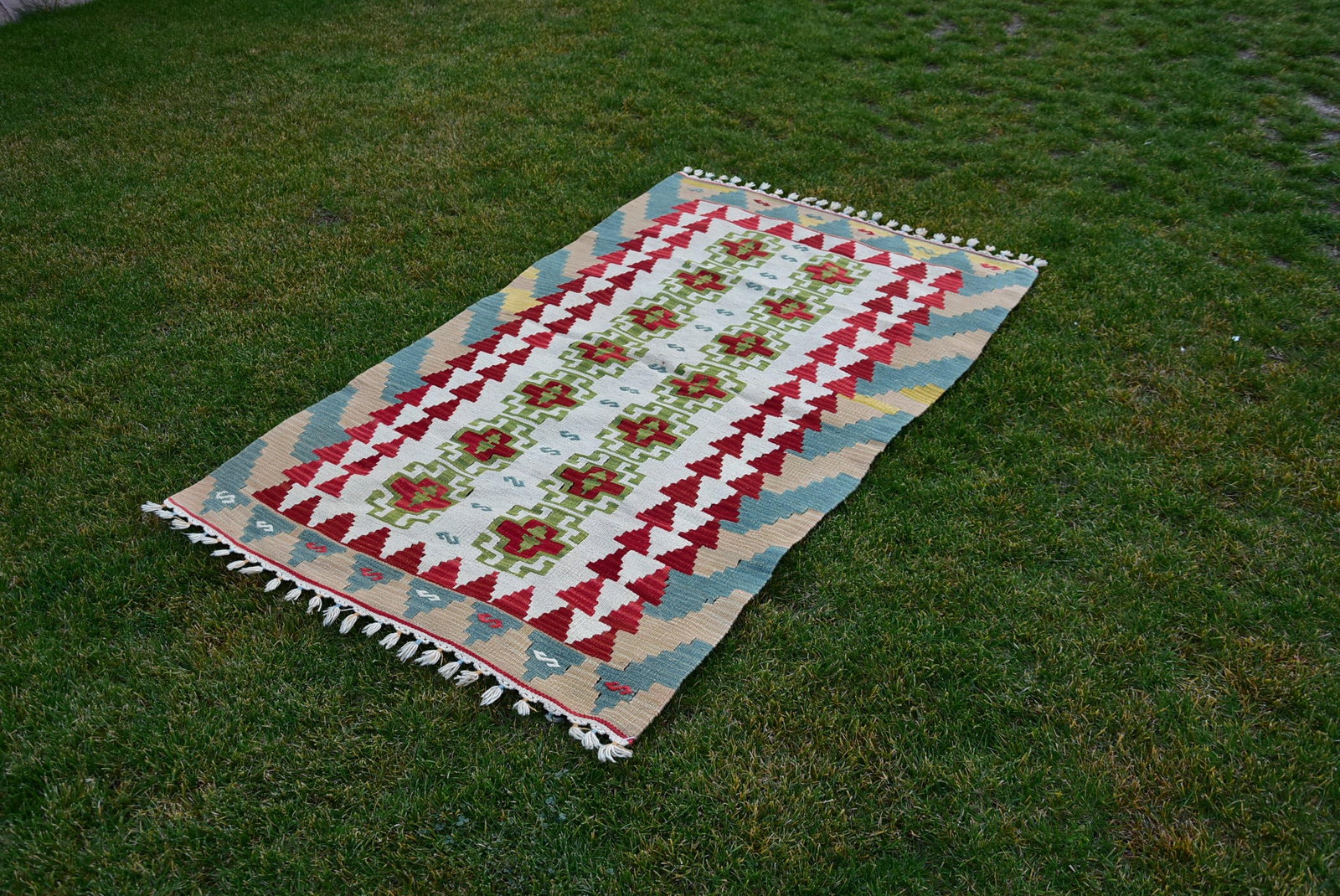 Mid 20th Century Vintage Baby Blue Floral Design Turkish Kilim Rug - 2