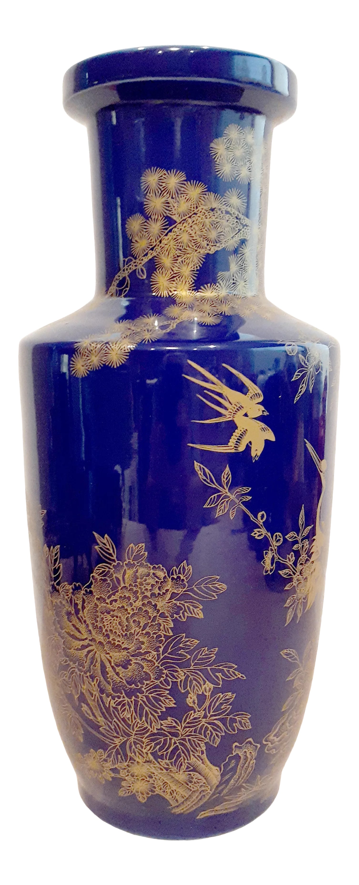 Early 20th Century Chinese Cobalt Blue Glaze Porcelain Gilt Crane Rouleau Vase: Chinese cobalt blue glaze porcelain gilt crane Rouleau vase, cranes amid branching pines and plants, all in gold glaze, Kangxi reign mark to the base. Possible early 20th century vase, no later than