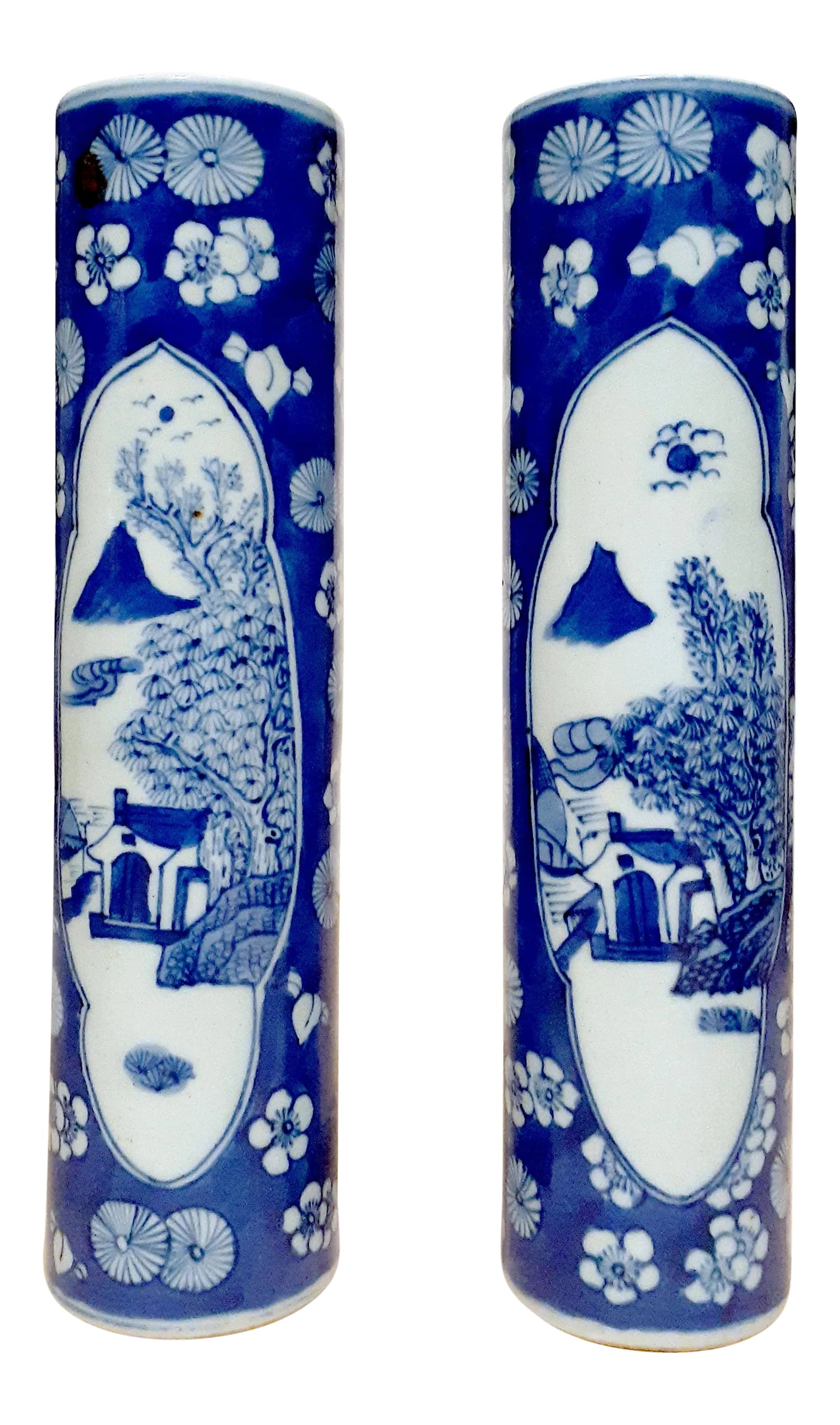 Early 20th Century Chinese Porcelain Blue and White Bird & Flower Bud Vases - a Pair: Chinese blue and white glaze porcelain bird & flower bud vase pair, each vase has two insets surrounded by stylized flowers: a sparrow on a branching bush, front, mountain hermitage scene verso. Qing 