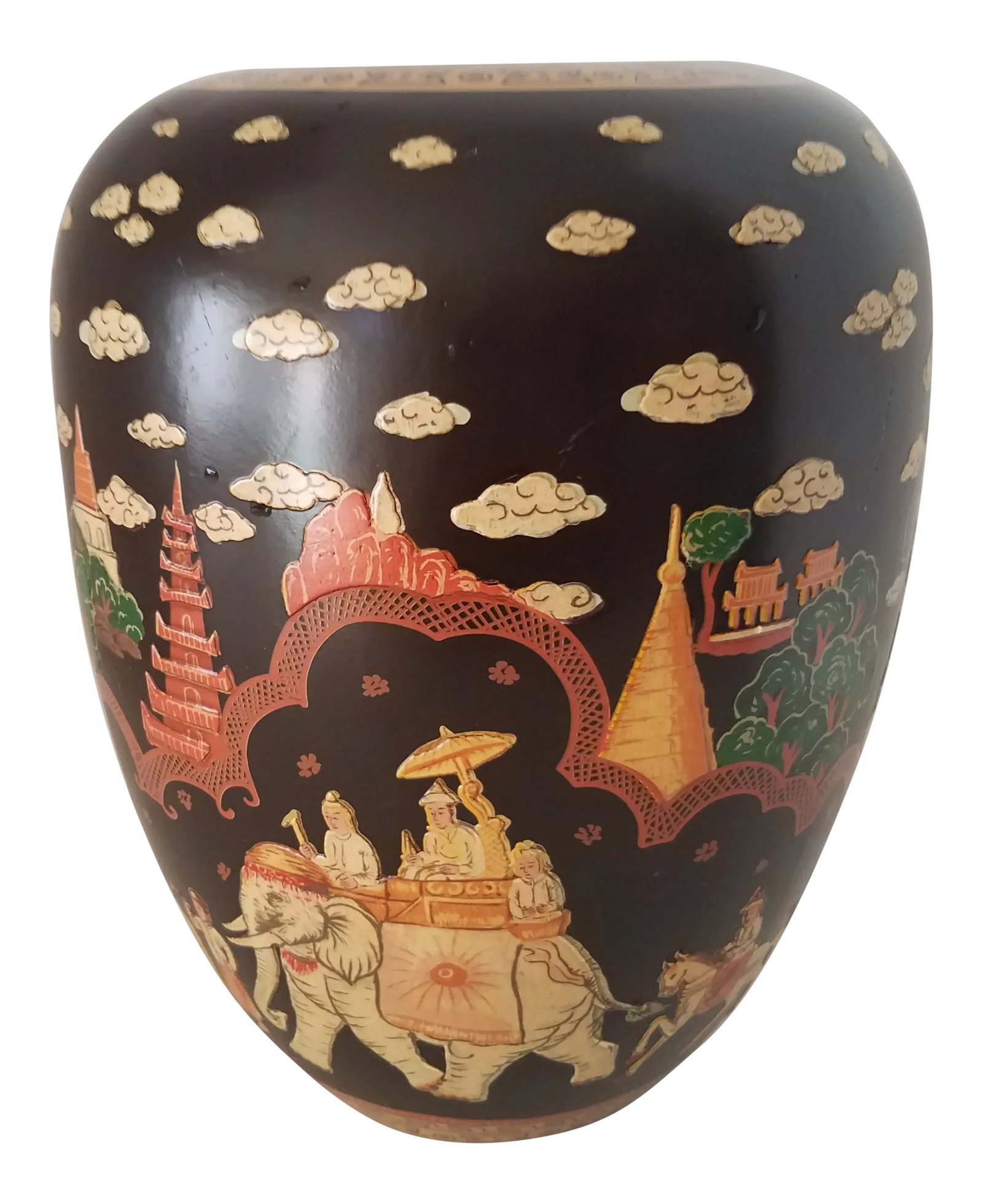 Vintage Chinoiserie Metal Hand Painted Black Lacquer Jardiniere: Vintage Metal Chinoiserie Jardiniere This jardiniere is very unique. It is hand painted with a black lacquer background and the actual pictures are slightly raised above the surface of the vase