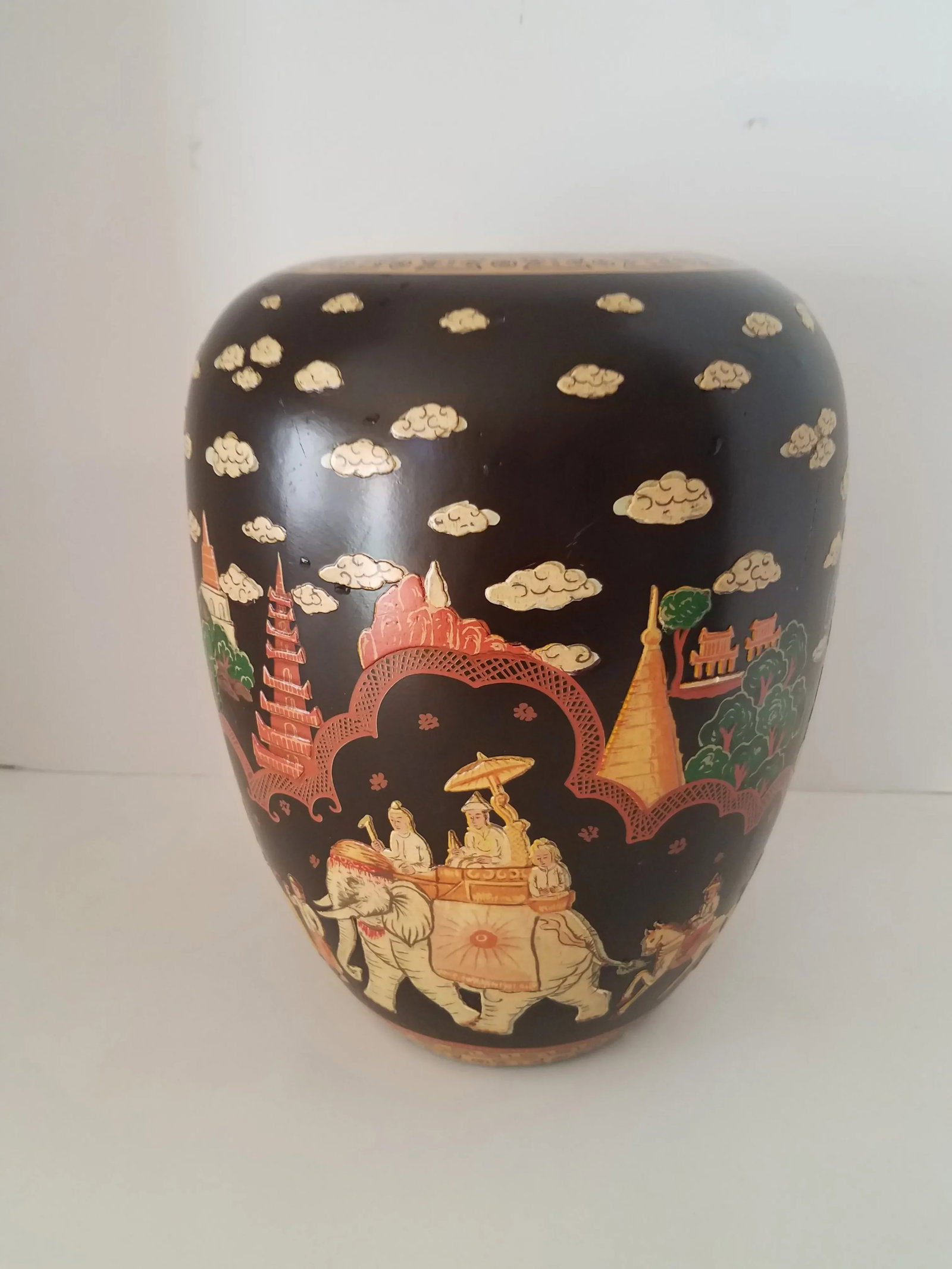 Vintage Chinoiserie Metal Hand Painted Black Lacquer Jardiniere - 8