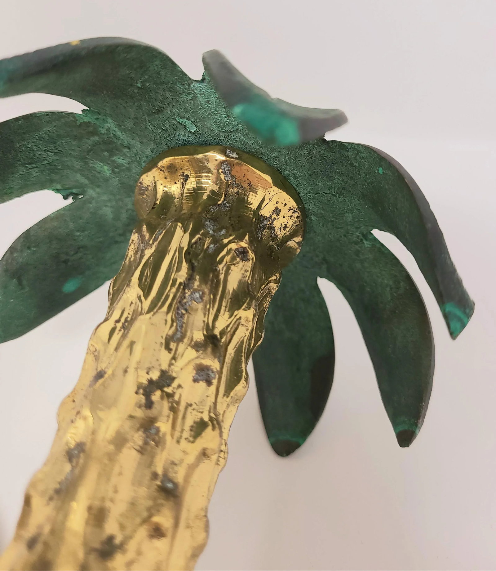 Vintage Carved Brass and Copper Palm Tree Candle Sticks Heavy and- a Pair - 11