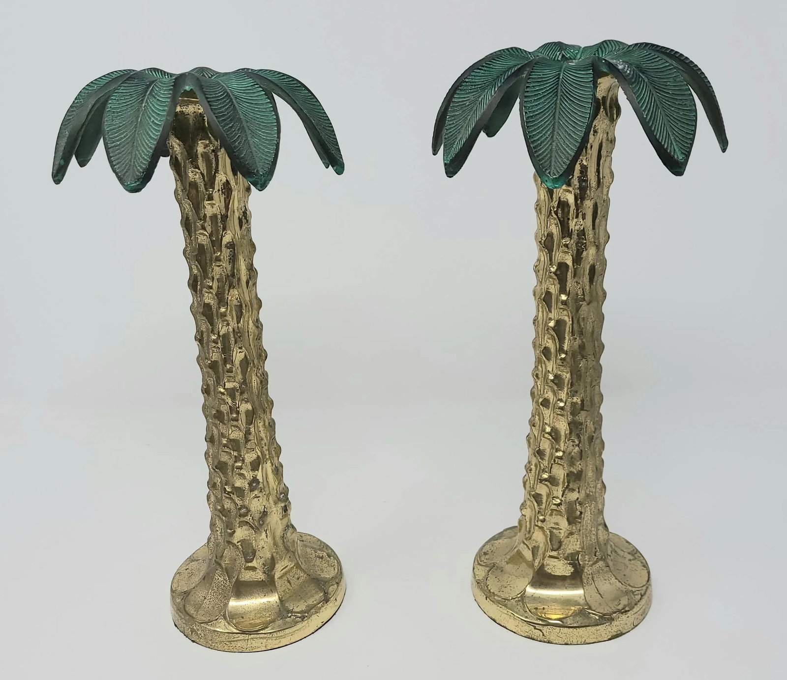 Vintage Carved Brass and Copper Palm Tree Candle Sticks Heavy and- a Pair - 13