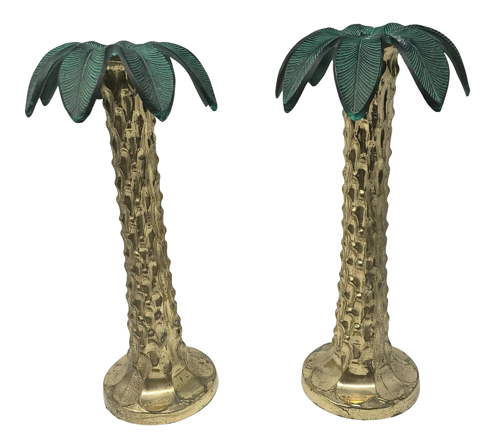 Vintage Carved Brass and Copper Palm Tree Candle Sticks Heavy and- a Pair: Vintage Carved Brass and Copper Palm Tree Candle Sticks Heavy and Spectacular Condition: Alterations: Original Condition Unaltered Imperfections: Some Imperfections Condition Notes: Gorgeous patina