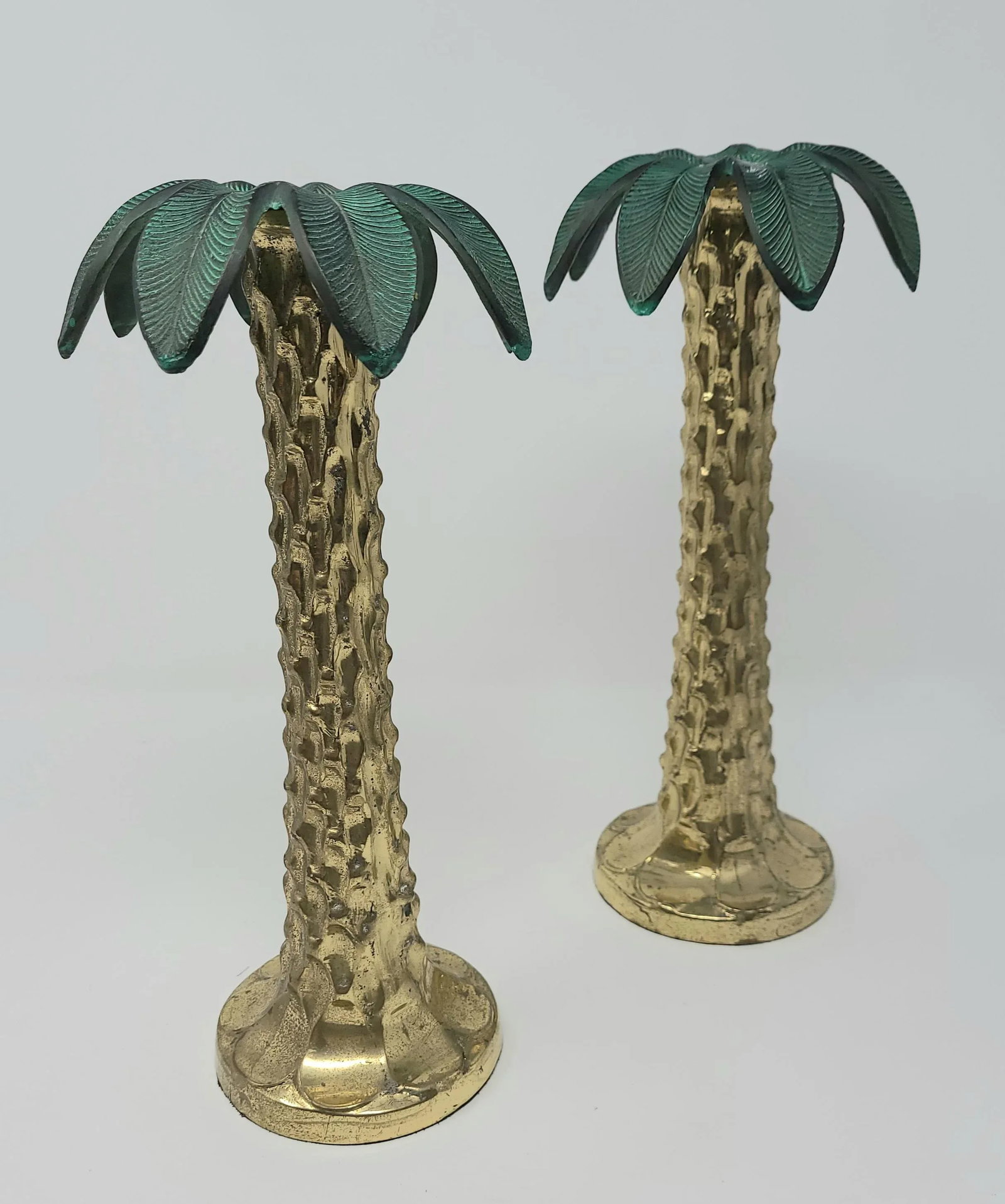 Vintage Carved Brass and Copper Palm Tree Candle Sticks Heavy and- a Pair - 3