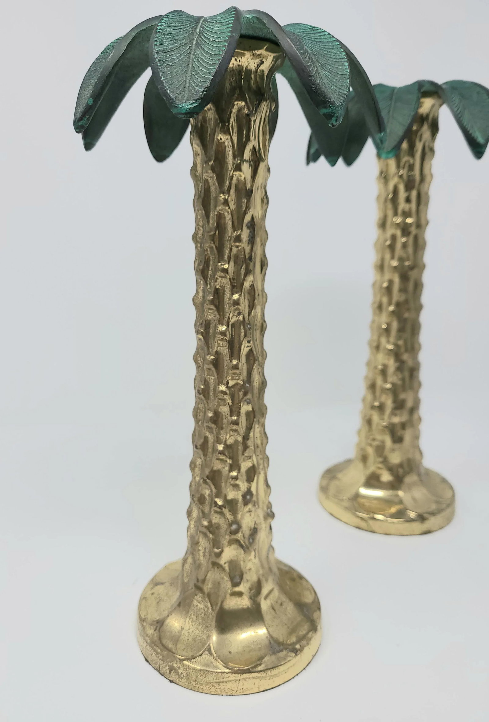 Vintage Carved Brass and Copper Palm Tree Candle Sticks Heavy and- a Pair - 4
