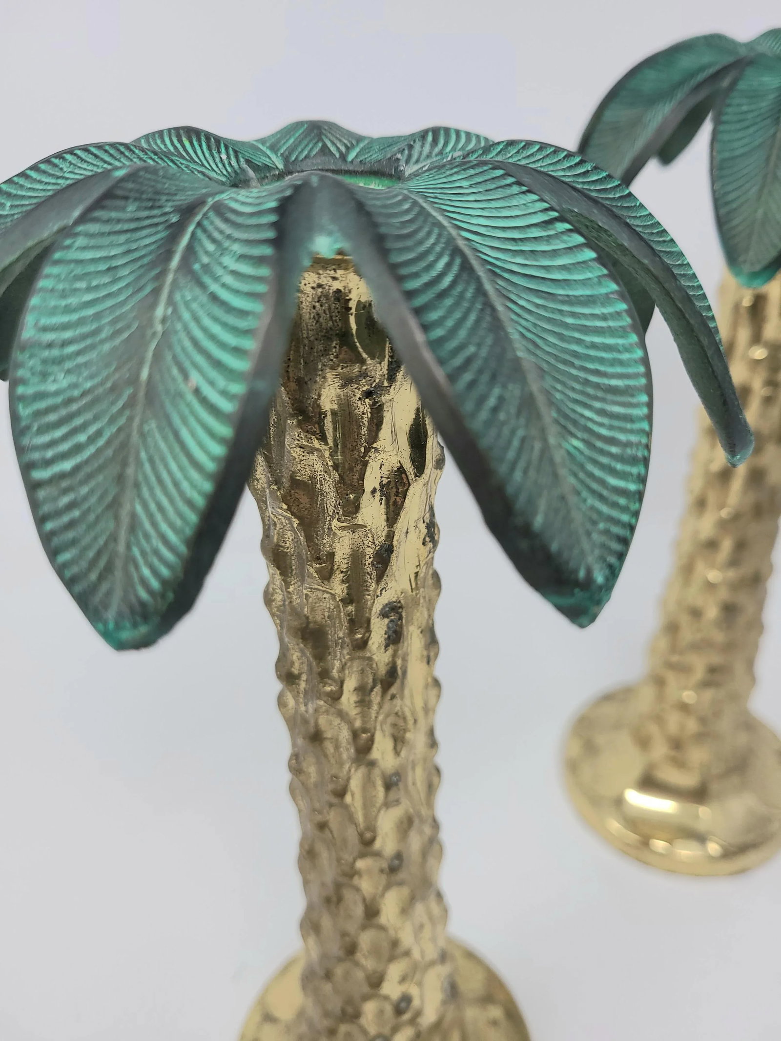 Vintage Carved Brass and Copper Palm Tree Candle Sticks Heavy and- a Pair - 6