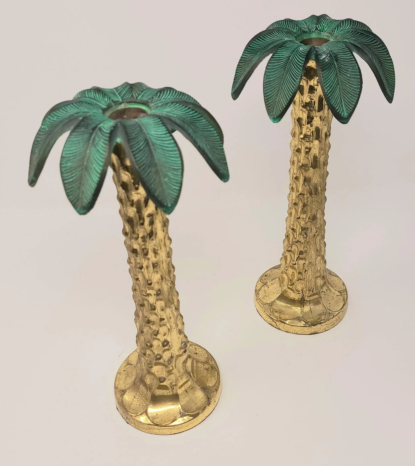 Vintage Carved Brass and Copper Palm Tree Candle Sticks Heavy and- a Pair - 8