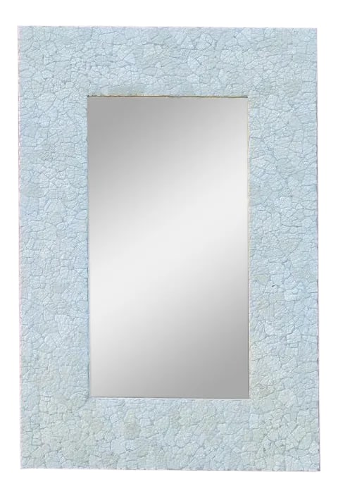 1980s Egg Shell Mirror: Mirror created by John Scarola with egg shells laid by exotic chickens from an upstate New York farm. The various shades of greens and blues are the natural colors of the shells. Over the course of