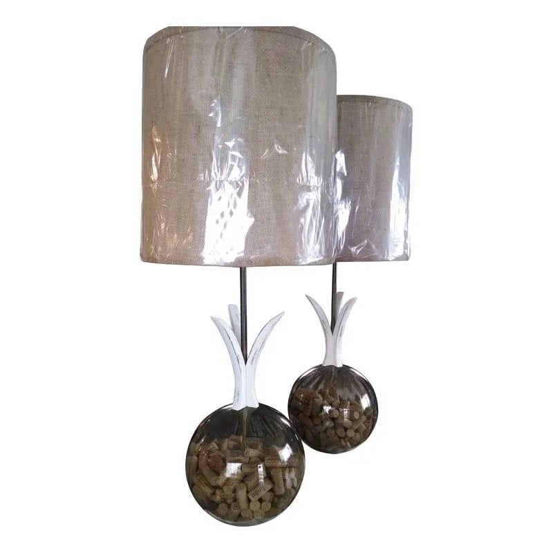 Mid-Century Modern Cork Lamps - A Pair: A pair of Mid-Century Modern lamps updated with the wine lover in mind. The lamps have been refreshed with an off white distressed look and new burlap lamp shades. These would be a a great addition fo