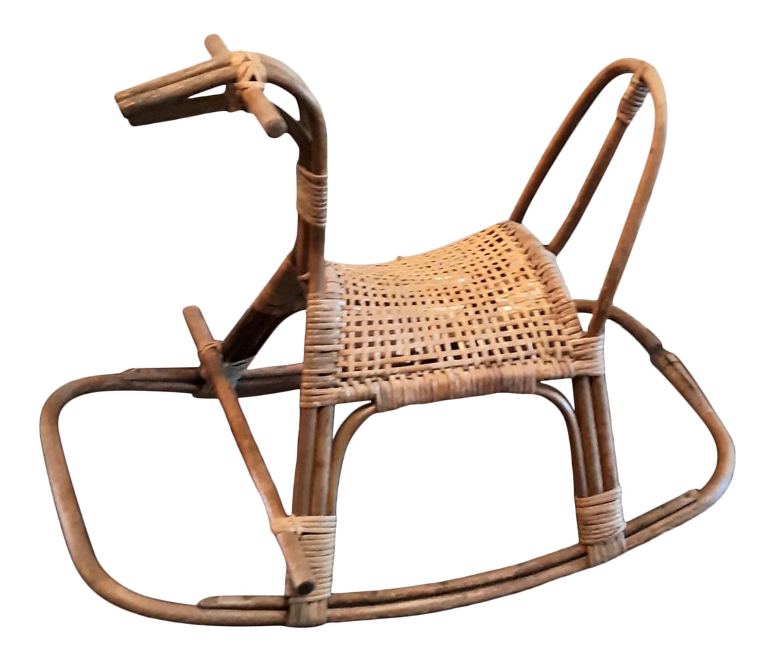 Vintage Franco Albini Mid Century Modern Wicker Rattan Child Rocking Horse: 1960 s Vintage Franco Albini rattan wicker rocking horse. Lovely decorative object. Condition: Alterations: Original Condition Unaltered Imperfections: Some Imperfections Condition Notes: It is