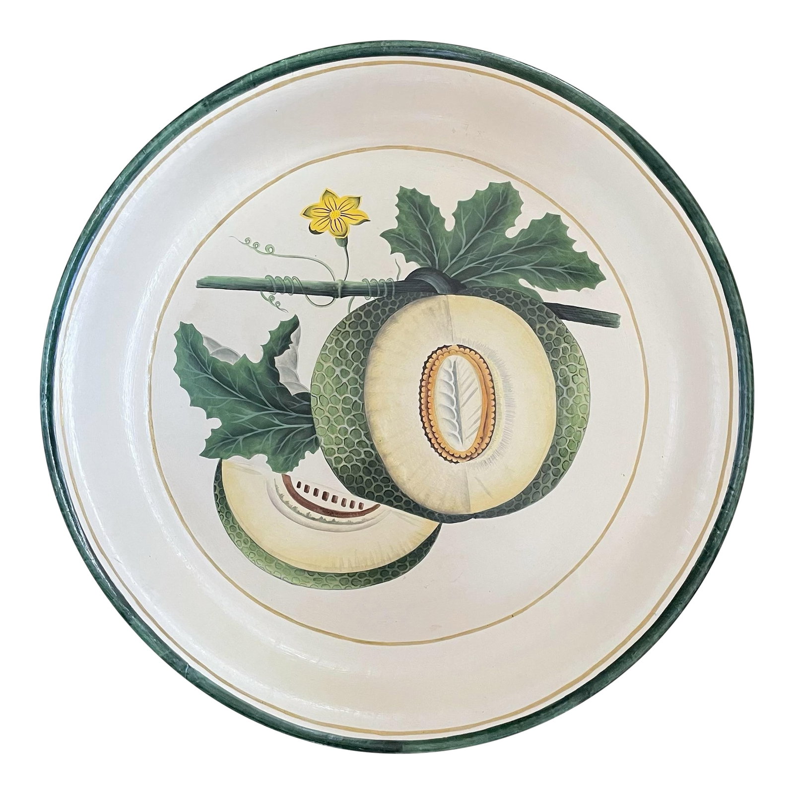 Vintage Habitat International Hand-Painted Metal Tole Tray 20". Americua Melon: The Habitat International hand-painted metal tole tray with a 20" diameter is a decorative piece inspired by Americana melon design. Made of metal with a botanical style, this original piece hails fro