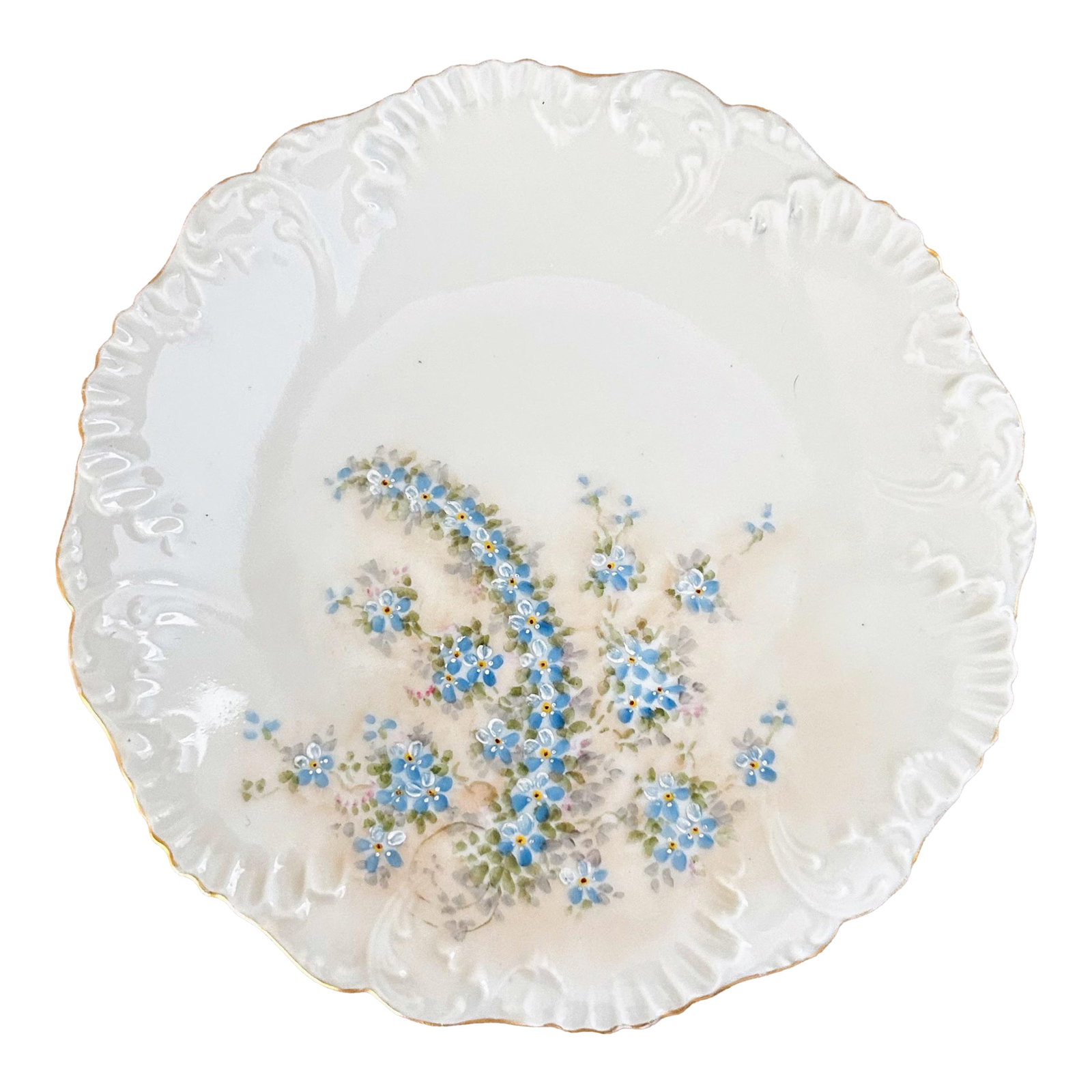 Antique Belle Epoque Limoges/Laviolette Forget-Me-Not Decorative Plate: This plate is truly special. An antique Belle Epoch style dessert plate produced sometime between 1896 - 1905 in France by Limoges. The whiteware is Laviolette with hand painted blue Forget-Me-Nots.