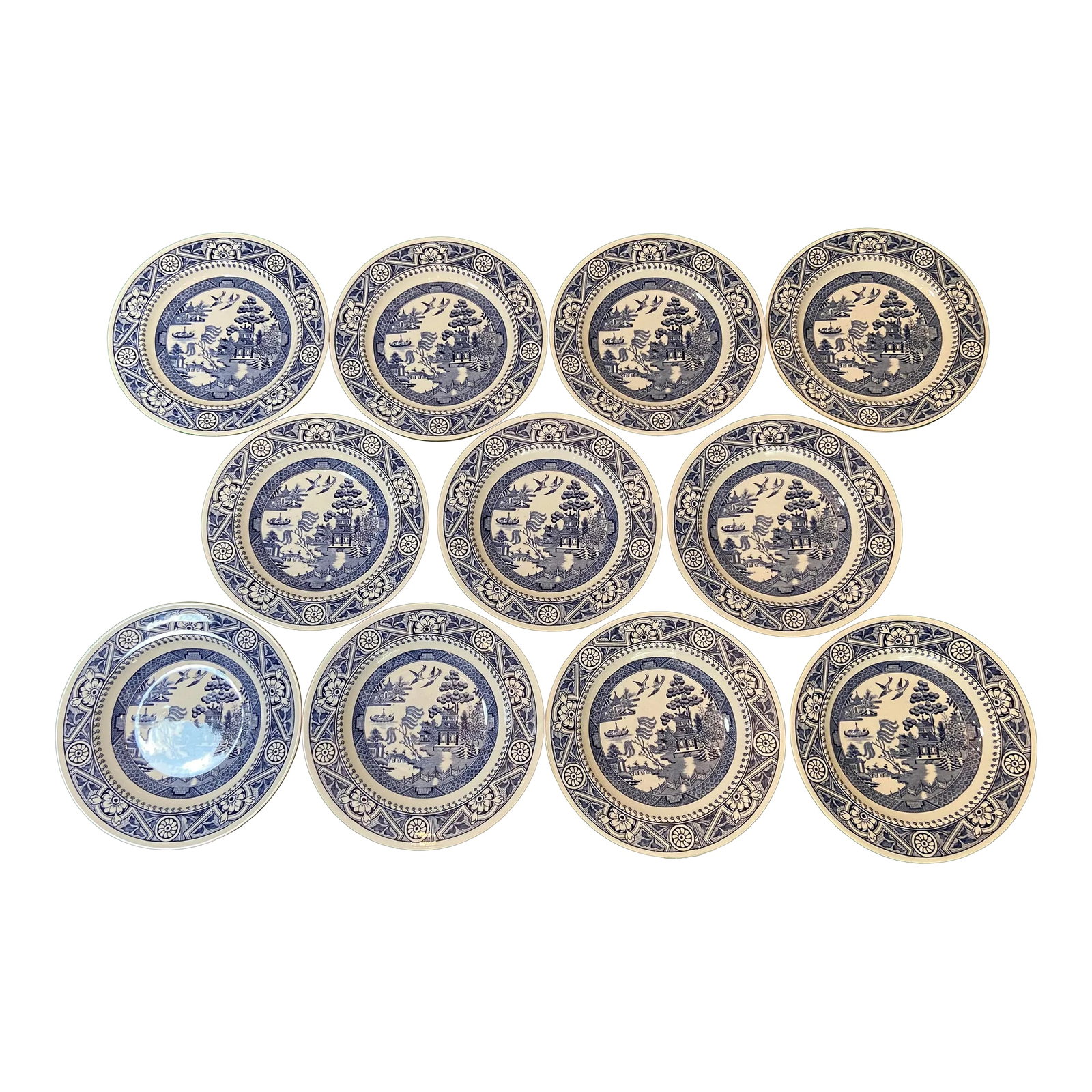 Wedgwood Antique Chinoiserie Blue Willow Shallow Bowls and Plates - A Set of 11 (1 of 12)