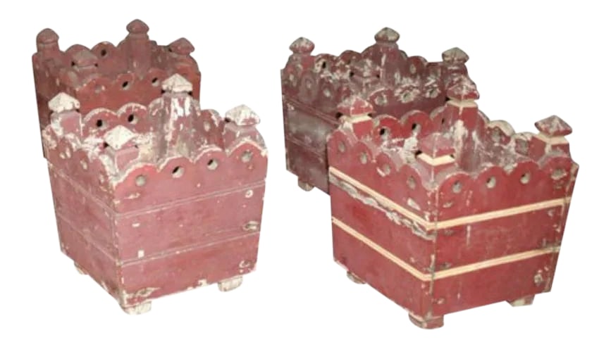 Square Wooden French Jardinieres - Set of 4: Four painted square wooden French planters with scalloped edge detail. Condition: Alterations: Original Condition Unaltered Imperfections: Some Imperfections Condition Notes: Good Good aged