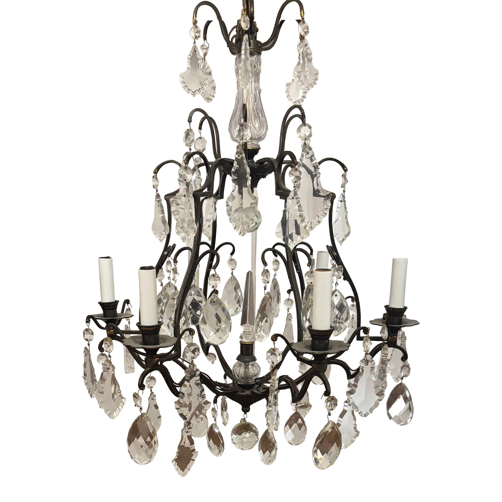 Early 20th Century French Louis XV Style Six Light Bronze or Brass Chandelier With Abundance of Cut: Stunning Louis XV style bronze or brass chandelier with beautiful prisms throughout. The perfect size for so many uses....not too big but certainly not too small. All crystals seem to be accounted