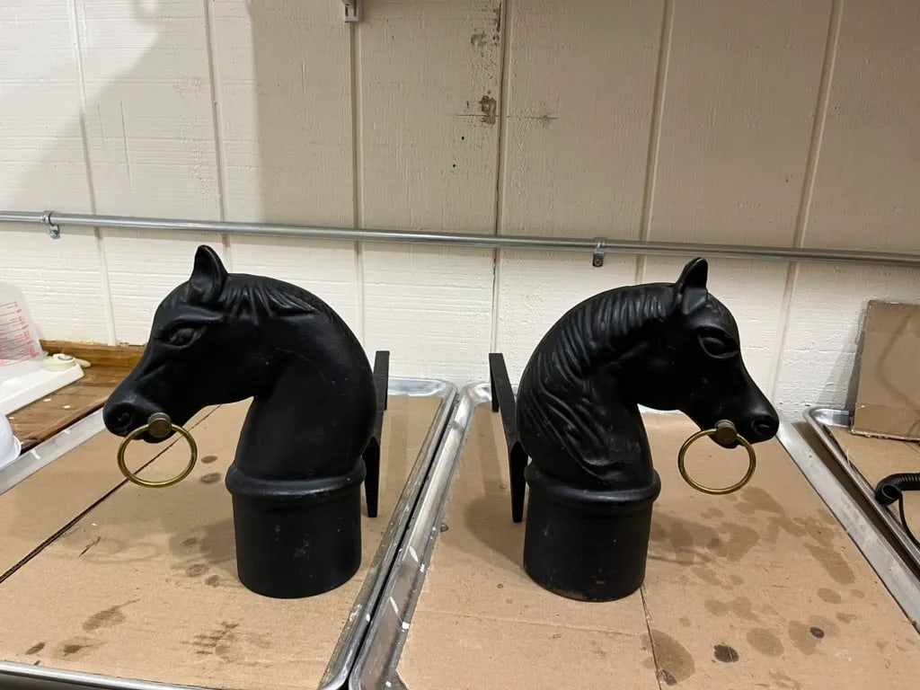 Antique Cast Iron Horse Head Andirons - a Pair - 7