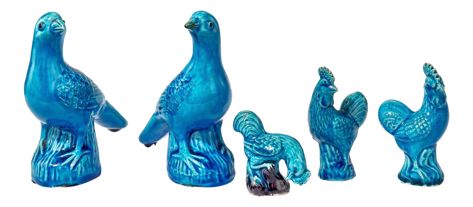 Mid 20th Century Chinese Blue Ceramic Birds - Set of 5: Great little accent pieces for decorating with a theme. Need a little something blue in a small space? You get the idea. Made in the early to mid 20th century in China these birds will add color and