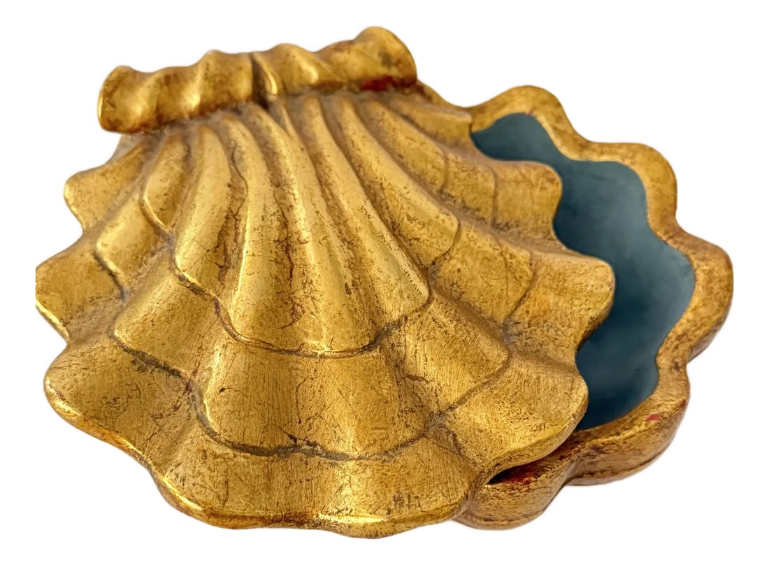 Vintage Gilt Shell Covered Ceramic Box: Beautiful vintage gilt ceramic shell box. Handpainted. Lovely aqua blue painted inside cover and base. Felt bottom. Illegible original label present on base underside. Please note that the 1st photo