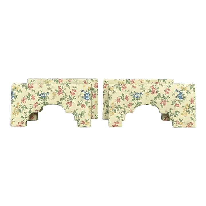 Vintage Custom Upholstered Wood Window Cornices Valances With Jacquard Floral Fabric. Set of Four: Elevate your windows with this exquisite set of four vintage custom-made window cornices, crafted with solid wood frames and professionally upholstered in richly textured jacquard floral fabric. The