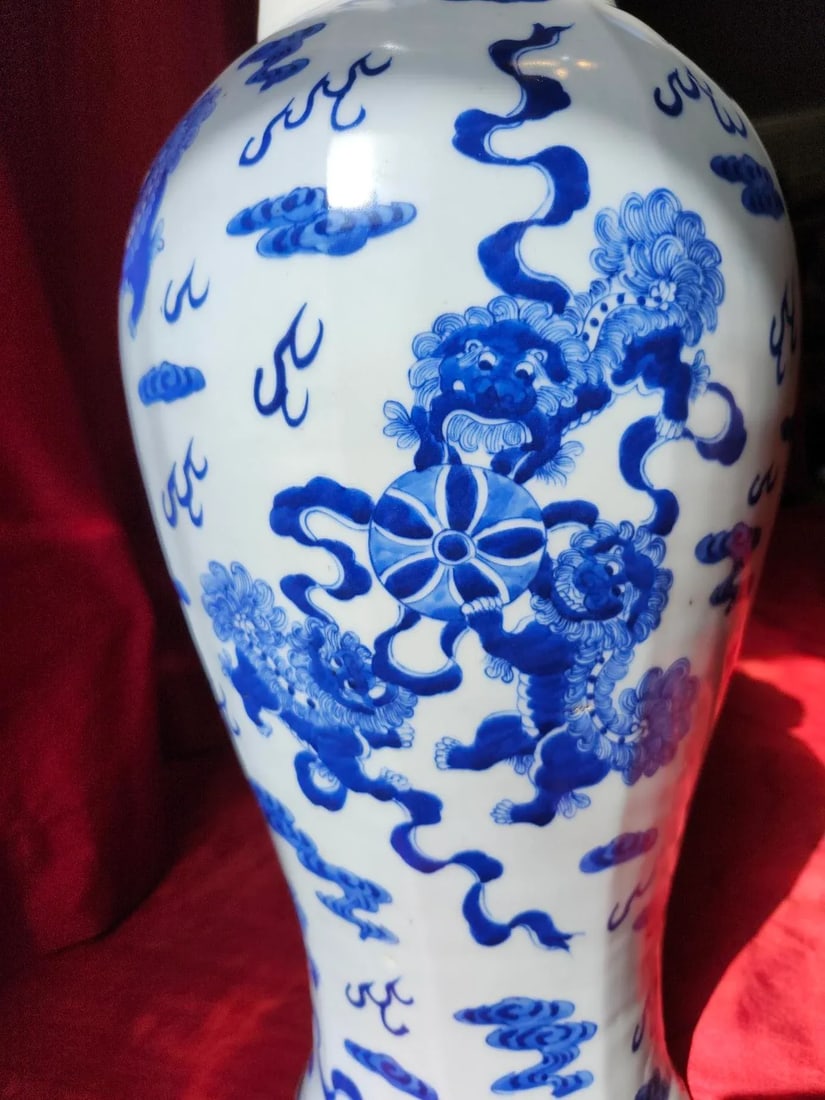 Final Clearance 18th Century 24" Shishi Qilin Blue and White Temple Urn Tribute - 24" - 10