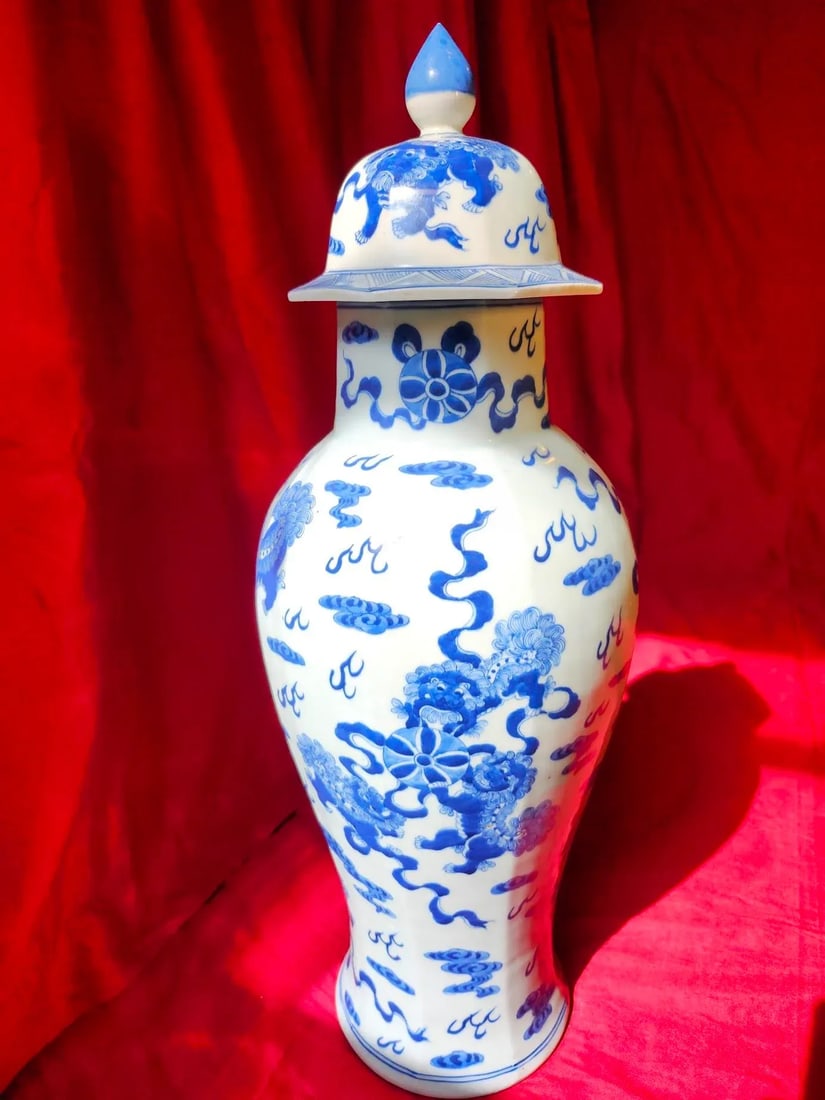 Final Clearance 18th Century 24" Shishi Qilin Blue and White Temple Urn Tribute - 24" - 12