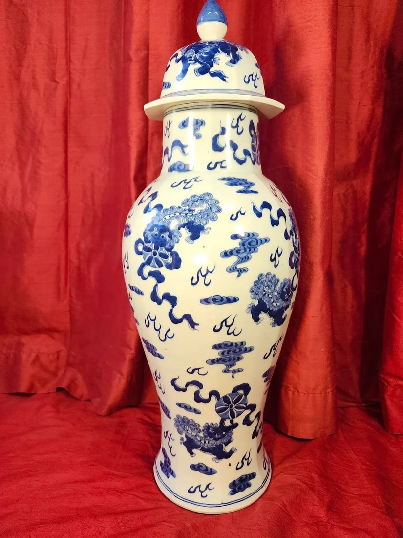 Final Clearance 18th Century 24" Shishi Qilin Blue and White Temple Urn Tribute - 24" - 13