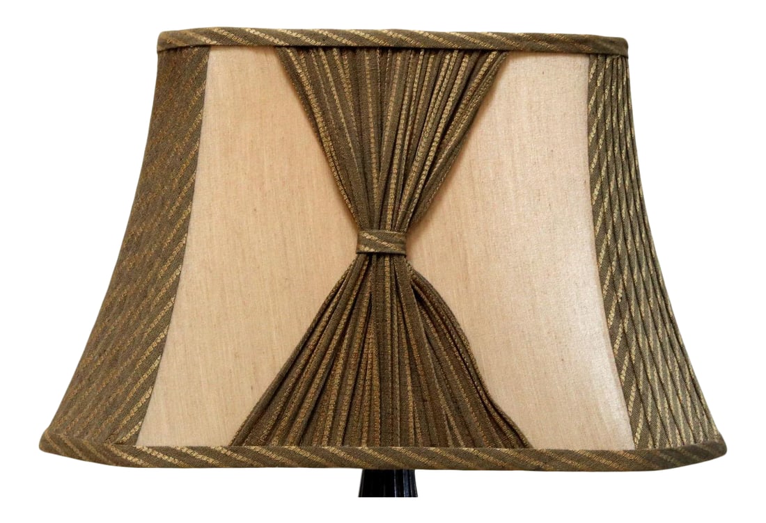 Mid Century Square Green and Tan Pleated Lamp Shade: This vintage lamp shade is tapered squarish and graceful with pleated details.and piping in green ribbon striped with beige. This is a wonderful vintage piece from a lighting auction at the end of