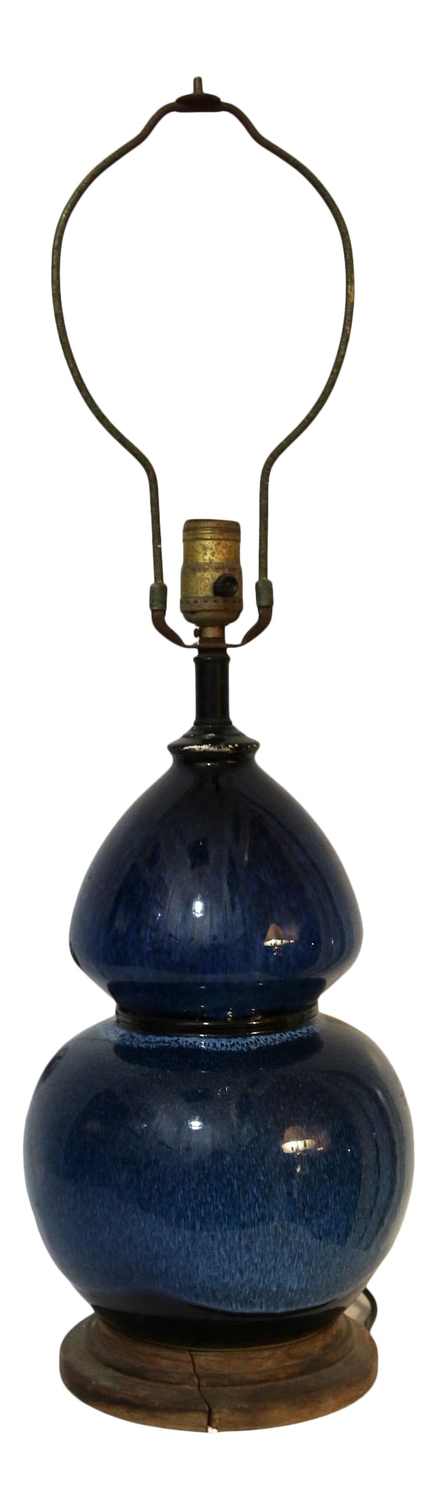 1960s Midnight Blue Double Gourd Vintage Ceramic Lamp: This double gourd lamp is fabulous in navy blue with an updated finial. This is a mid century modern lamp from a Redondo Beach Estate. The high glaze ceramic finish is beautiful. There is one