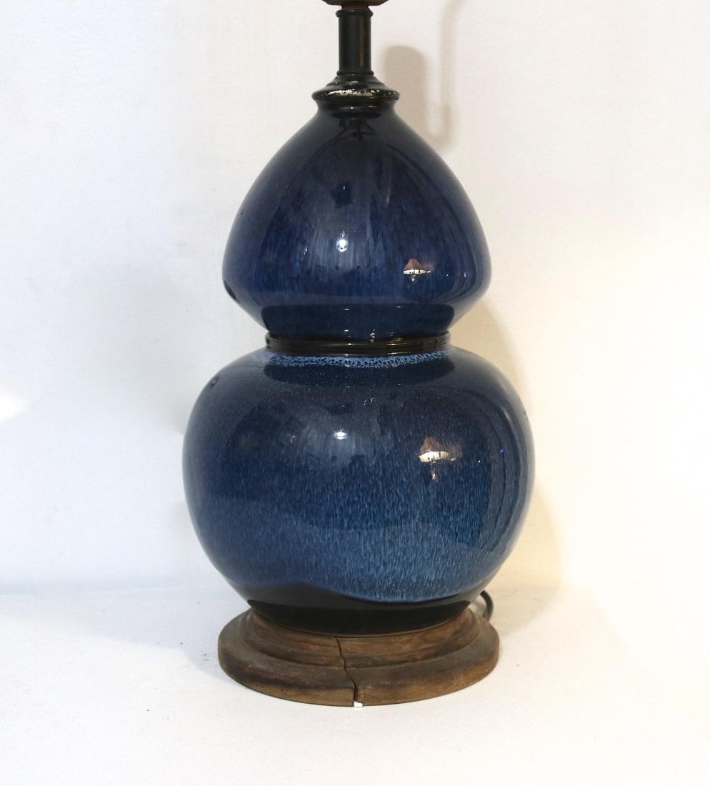 1960s Midnight Blue Double Gourd Vintage Ceramic Lamp - 8