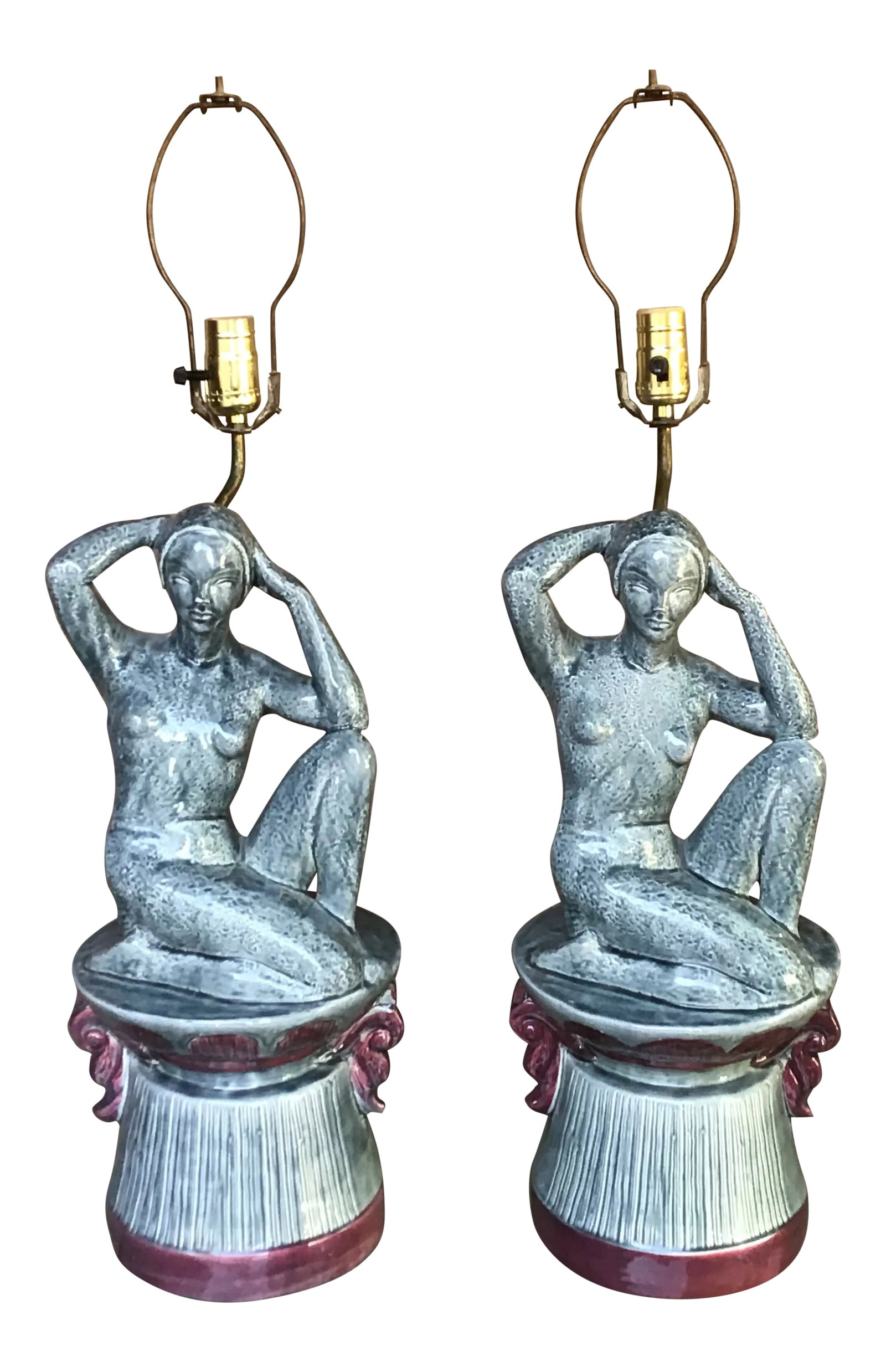Art Deco Figural Island Lady Lamps - a Pair: An eclectic pair of vintage nude island ladies lamps. A rare pair in teal with burgundy accent table lamps in great condition. Definitely a conversation opportunity waiting to happen. Condition: Alter