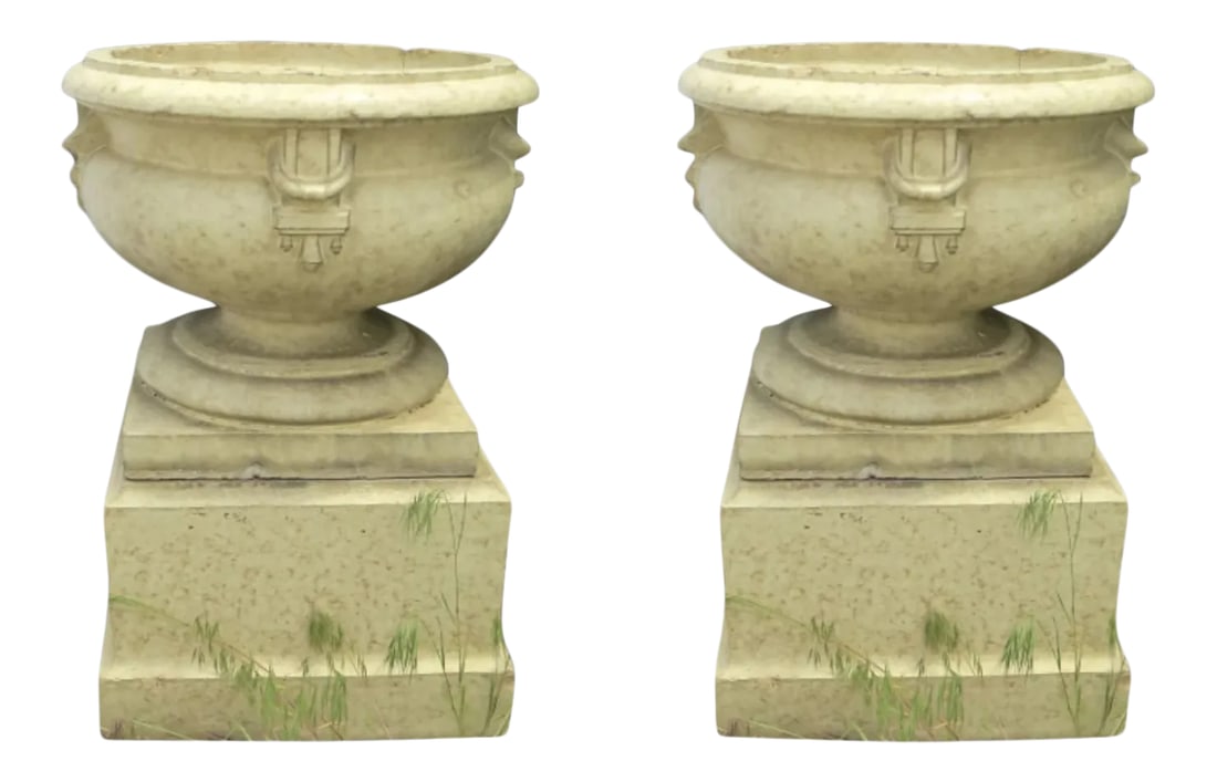 Large Glazed Terra Cotta Urns Planters on Plinths Bases Denver Pottery Works c 1900 - a Pair: Pair of glazed terra cotta urns on stands by Denver Pottery Works. Measures 18" by 18" by 28 1/2" tall. AR.279 Condition: Alterations: Unknown Imperfections: Some Imperfections Condition Notes: