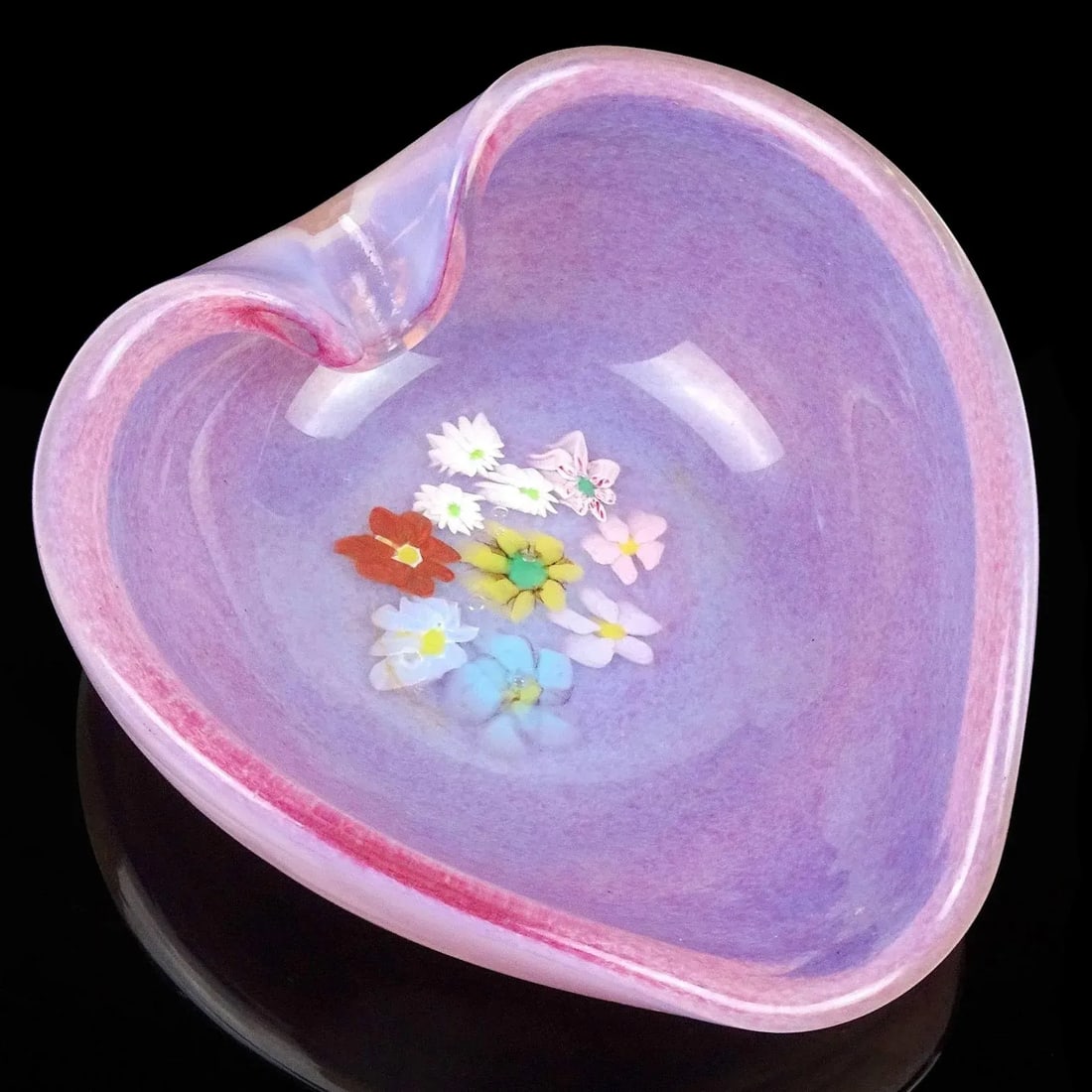 Vintage Fratelli Toso Murano Millefiori Wild Flowers Pink Opalescent Italian Art Glass Heart Bowl - 2