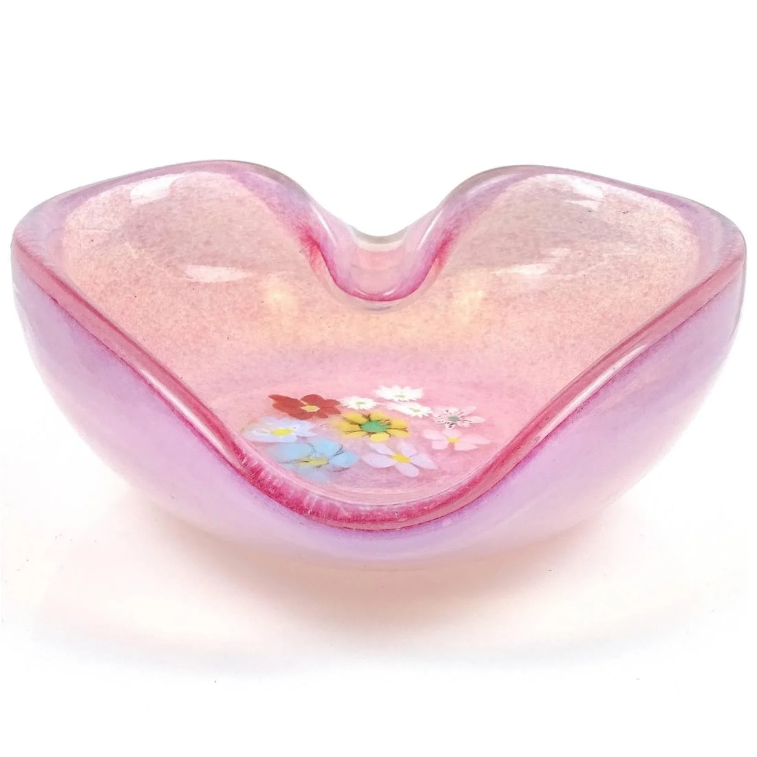 Vintage Fratelli Toso Murano Millefiori Wild Flowers Pink Opalescent Italian Art Glass Heart Bowl - 4