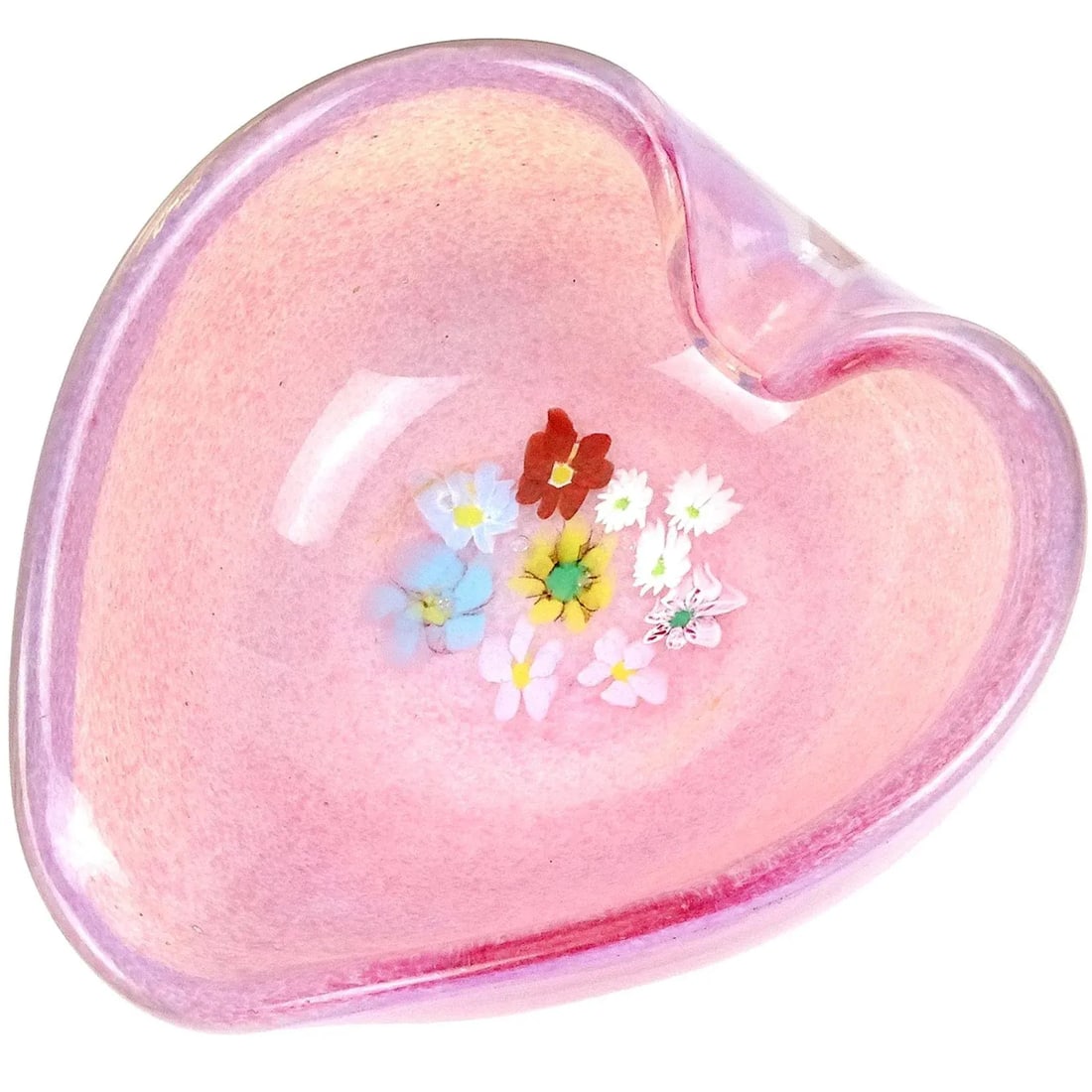Vintage Fratelli Toso Murano Millefiori Wild Flowers Pink Opalescent Italian Art Glass Heart Bowl - 7
