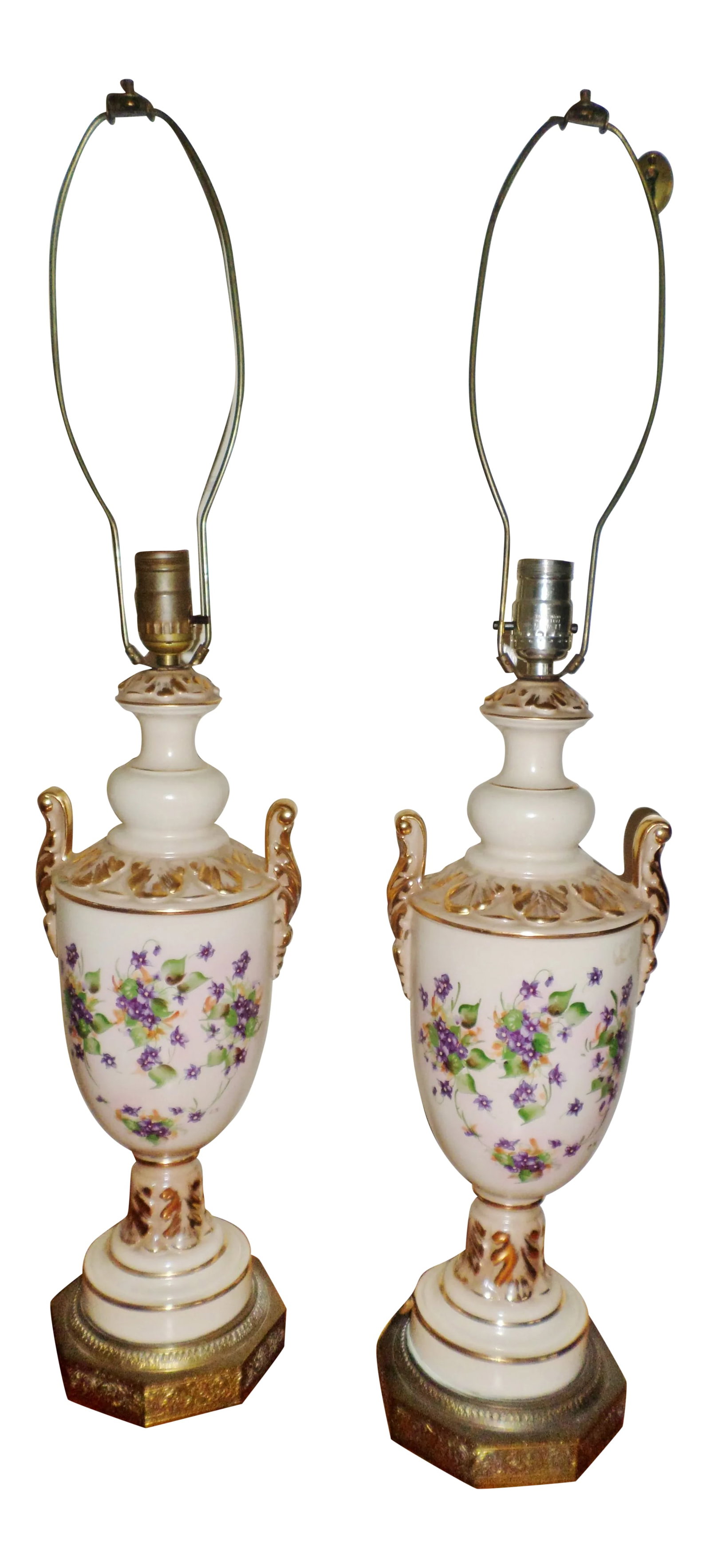 Vintage Porcelain Hand Painted With Violets Table Lamps - a Pair: This is an Vintage pair of ornate porcelain table lamps that have beautiful hand-painted violets on the front and back with accented with gold acanthus leaves on the top and each lamp has been