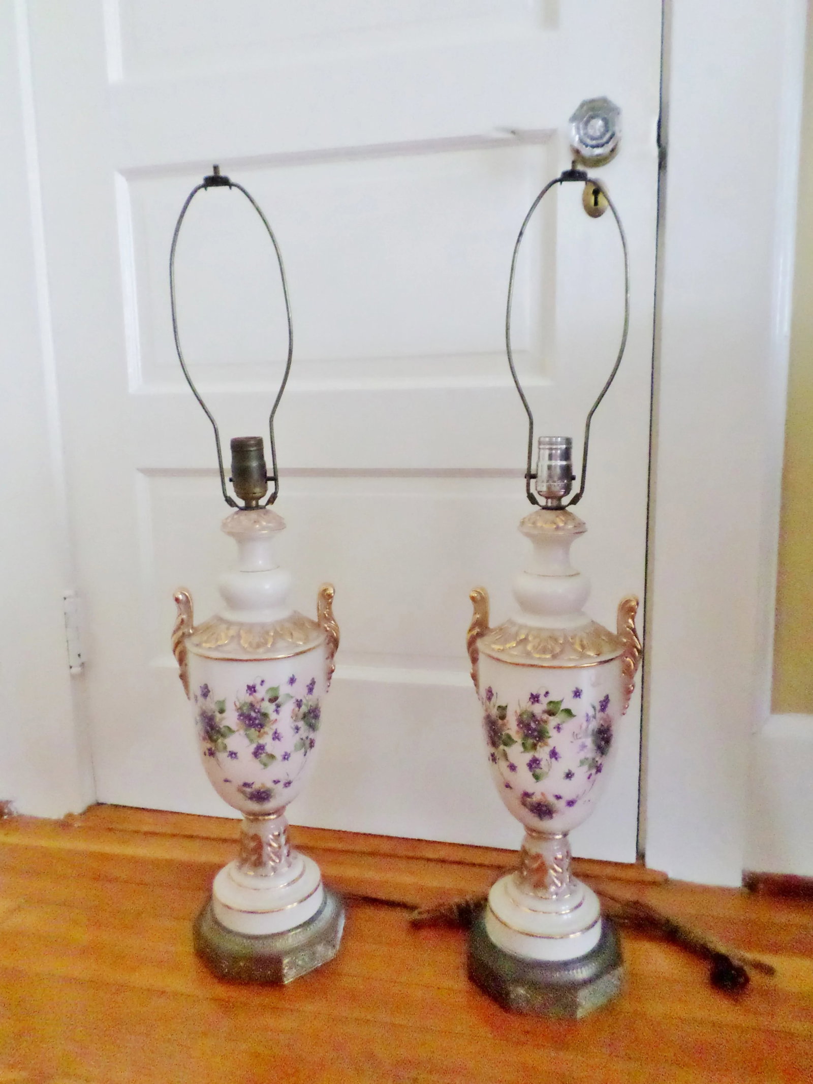 Vintage Porcelain Hand Painted With Violets Table Lamps - a Pair - 2